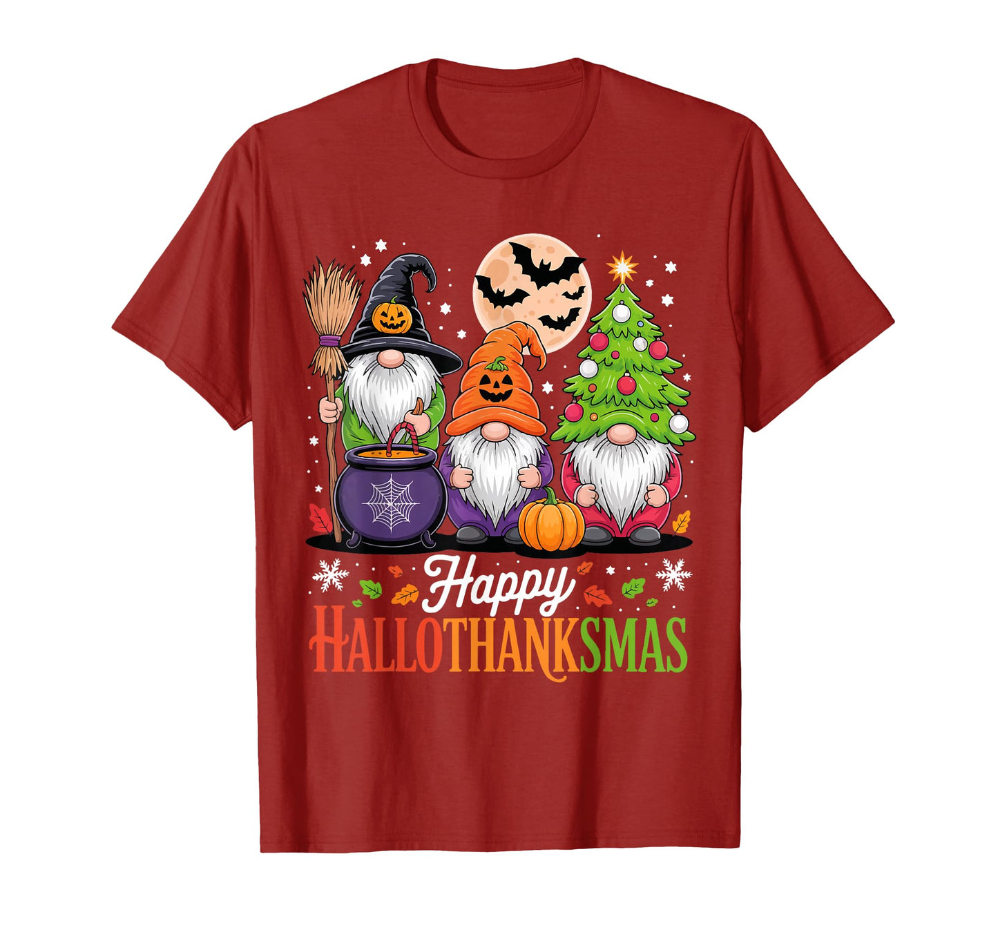Happy HalloThanksMas Gnomes Halloween Thanksgiving Christmas T-Shirt