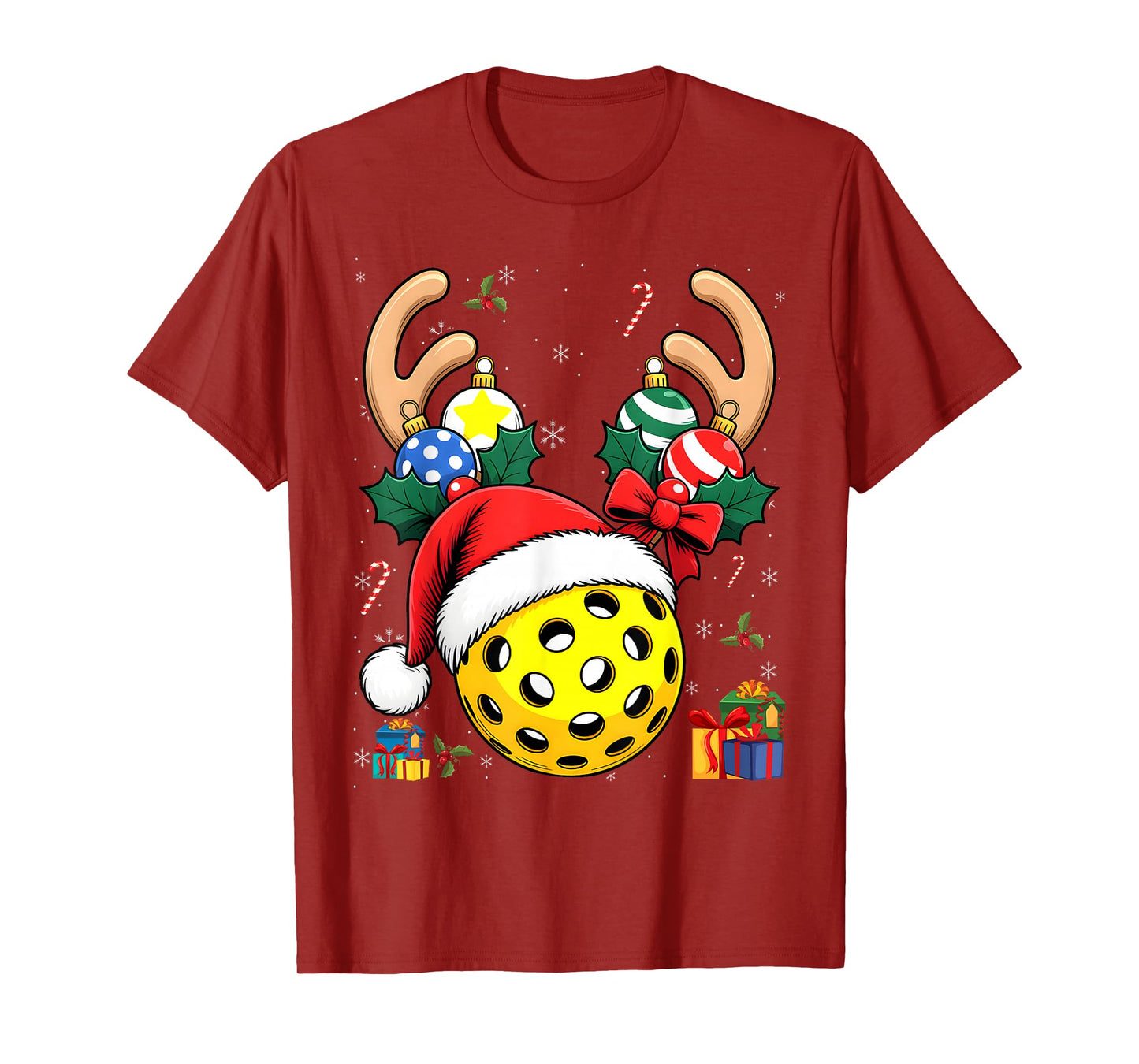 Xmas Reindeer Santa Hat Pickleball Christmas T-Shirt