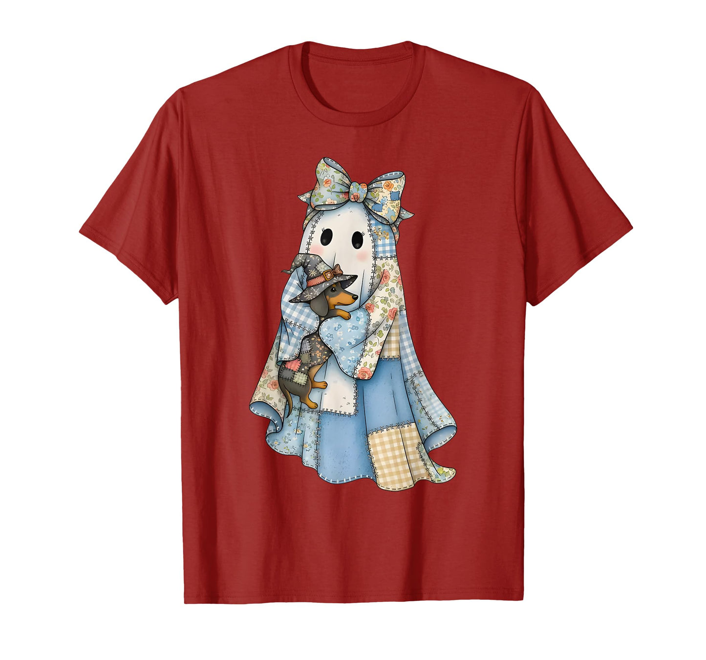Retro Halloween Blue Denim Ghost Dachshund Funny T-Shirt