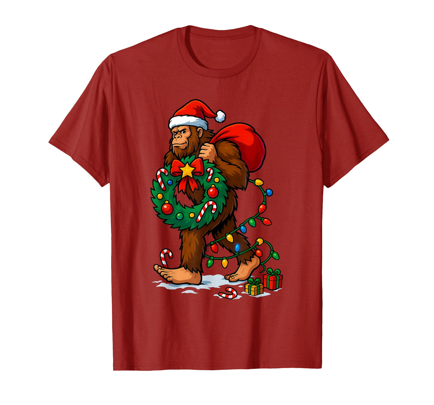 Bigfoot Tree Christmas Lights Snowflake Holiday Candy Xmas T-Shirt