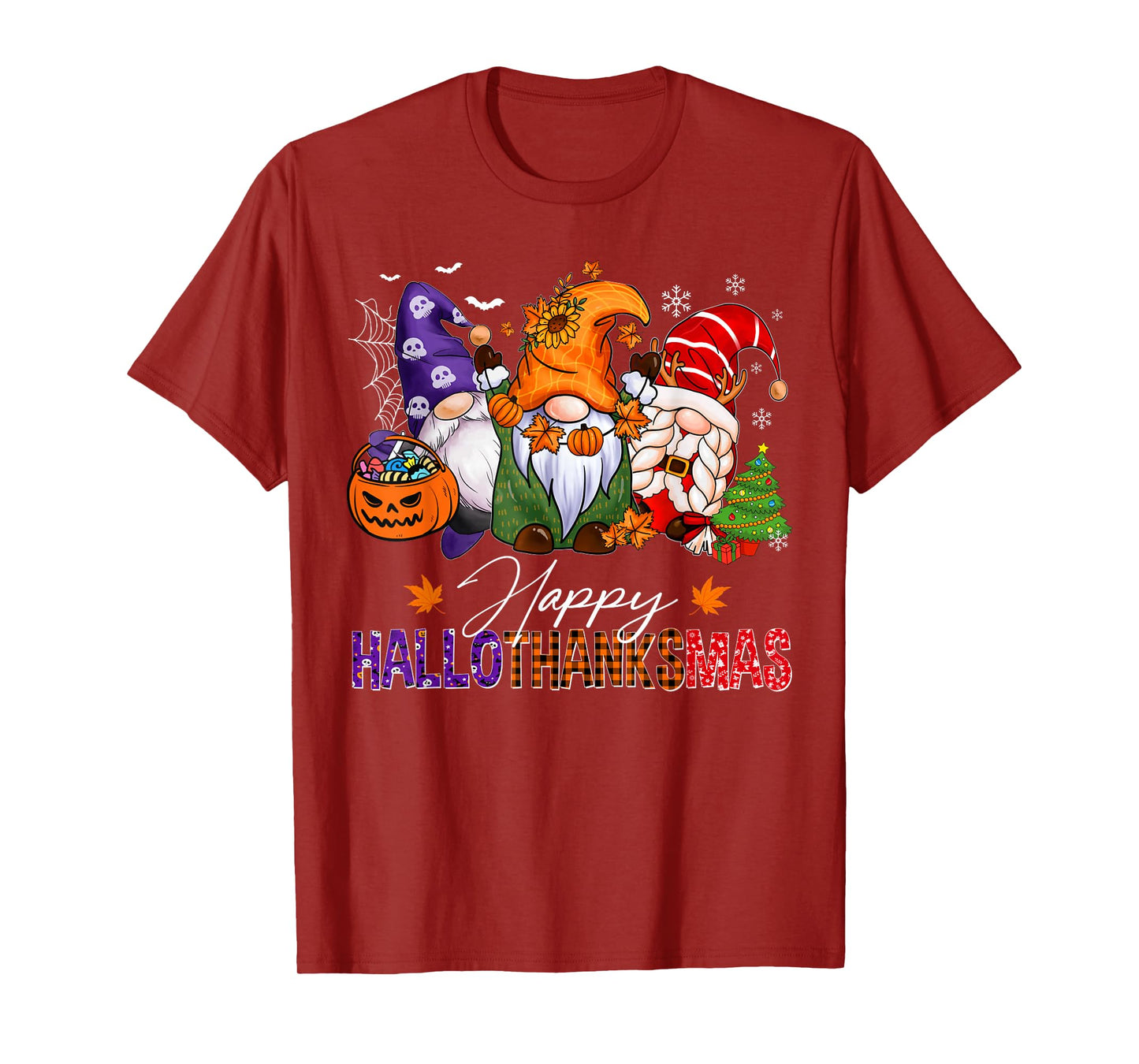HalloThanksMas Gnomes Halloween Thanksgiving Christmas Happy T-Shirt