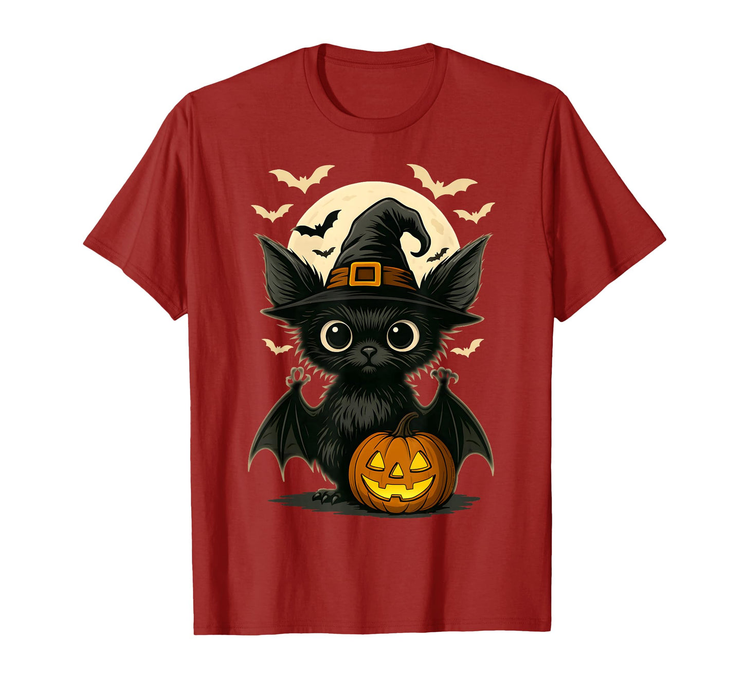 Cute Bat Wearing Witch Hat with Moon and Bats Halloween Bat T-Shirt