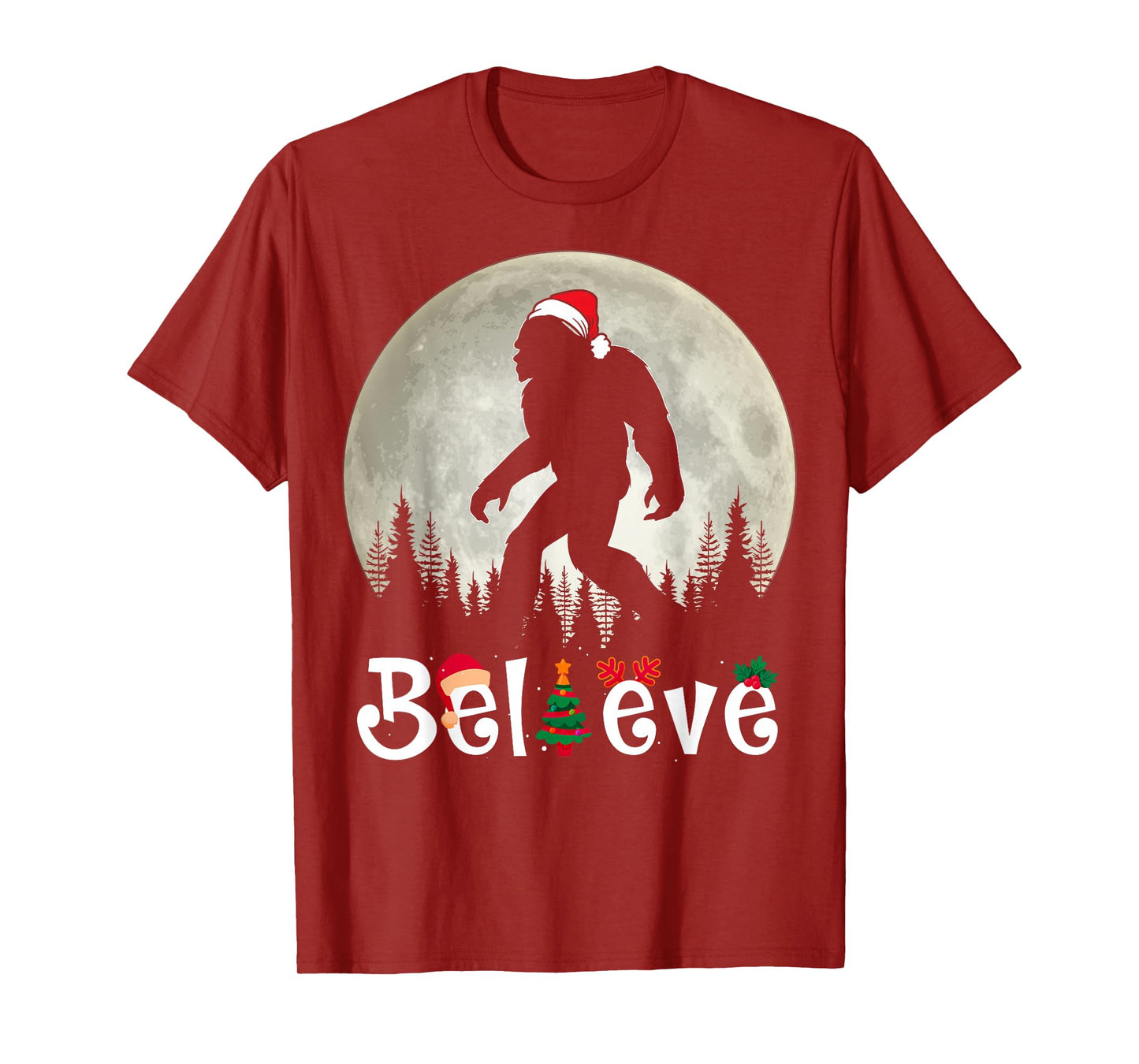 Funny Christmas Xmas Bigfoot Believe Sasquatch in Moon Light T-Shirt