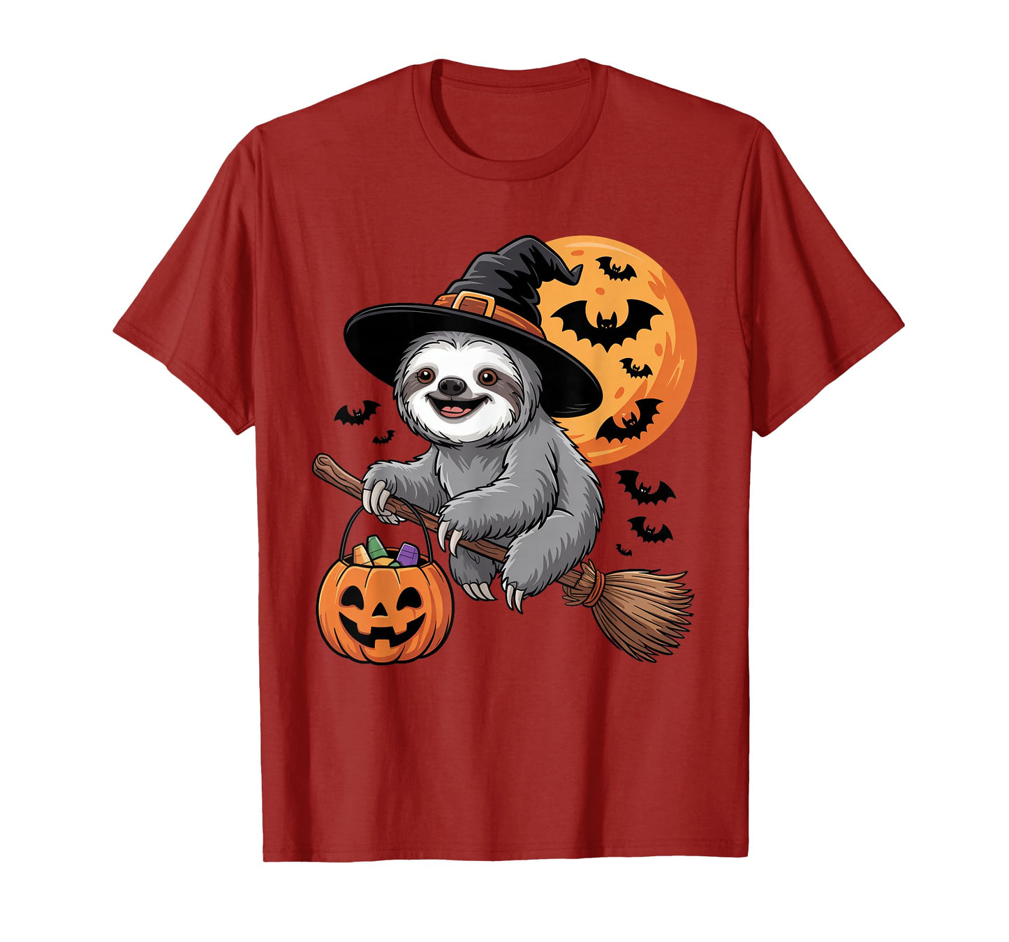 Halloween Sloth Witch Hat and Broom Pumpkin Candy Bucket T-Shirt
