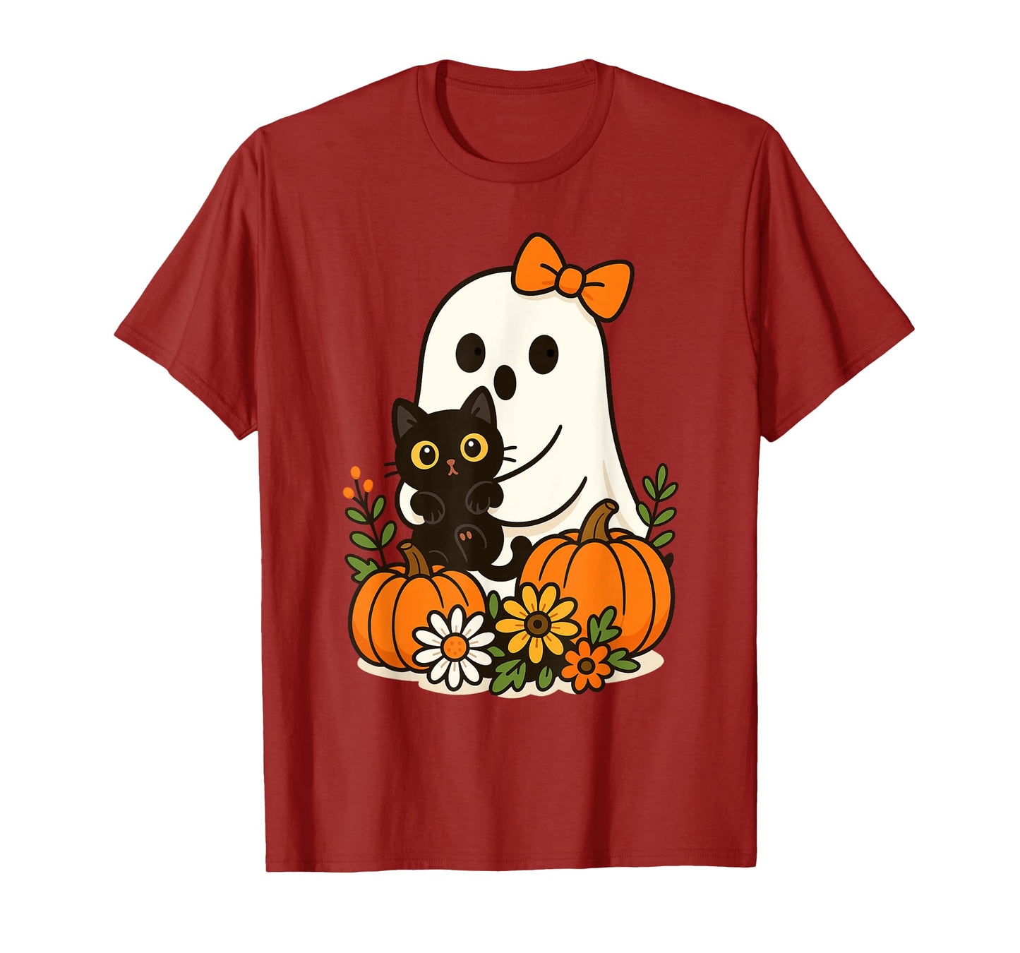 Cute Ghost Holding Black Cat Groovy Floral Halloween T-Shirt