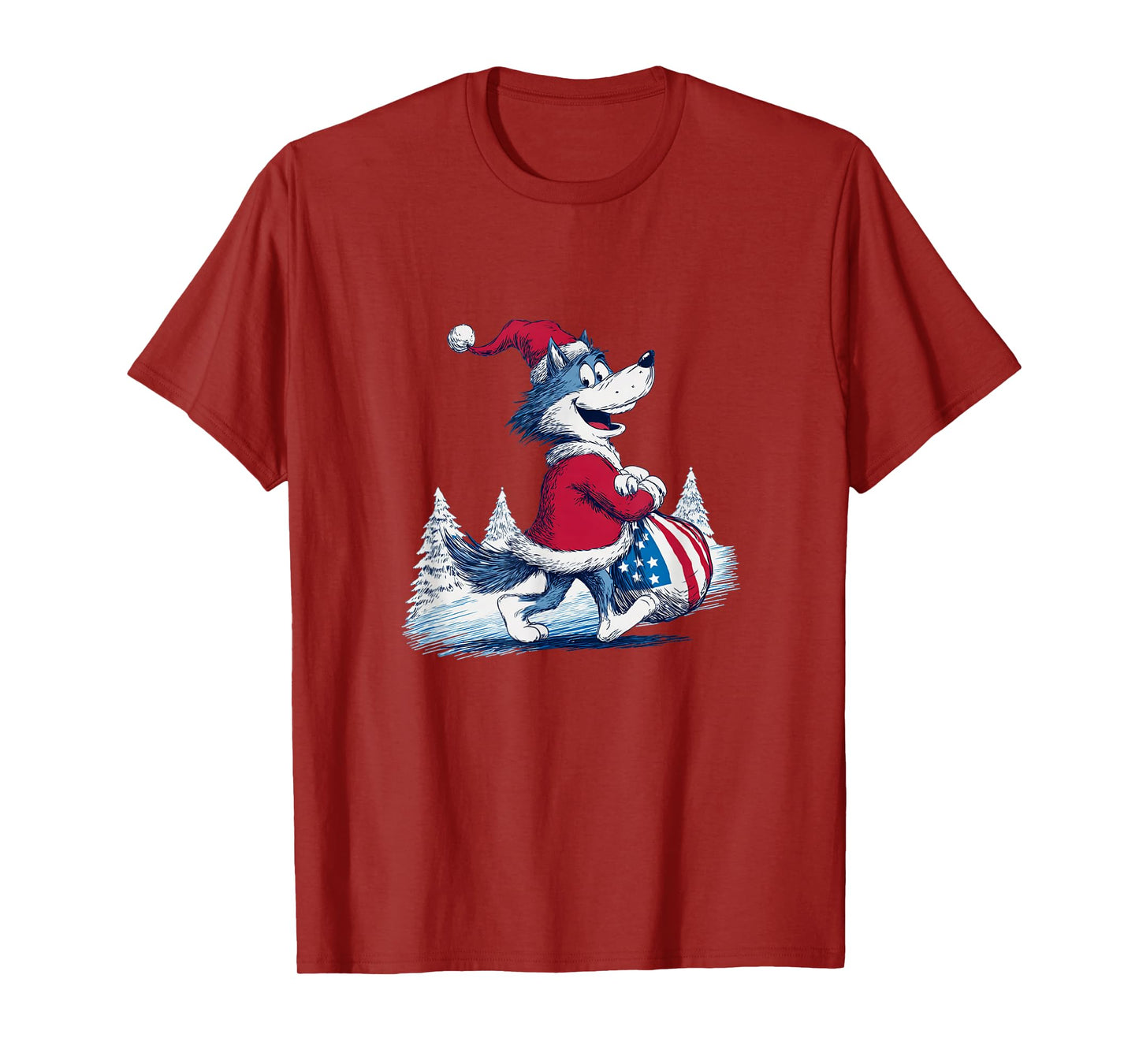 Happy Wolf with Santa Bag for Funny Christmas T-Shirt
