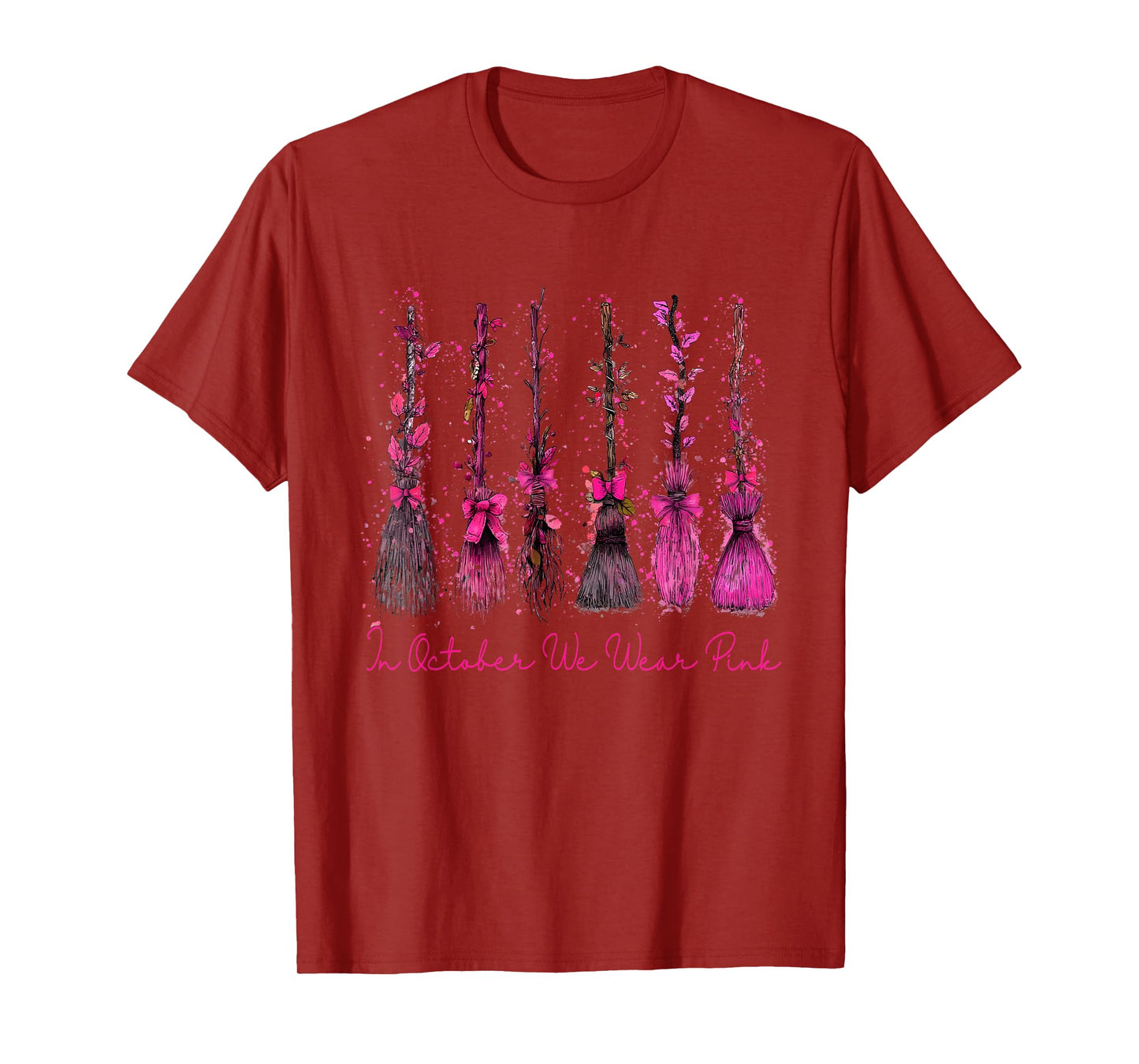 in October We Wear Pink Witch Stick Breast Cancer Awareness T-Shirt