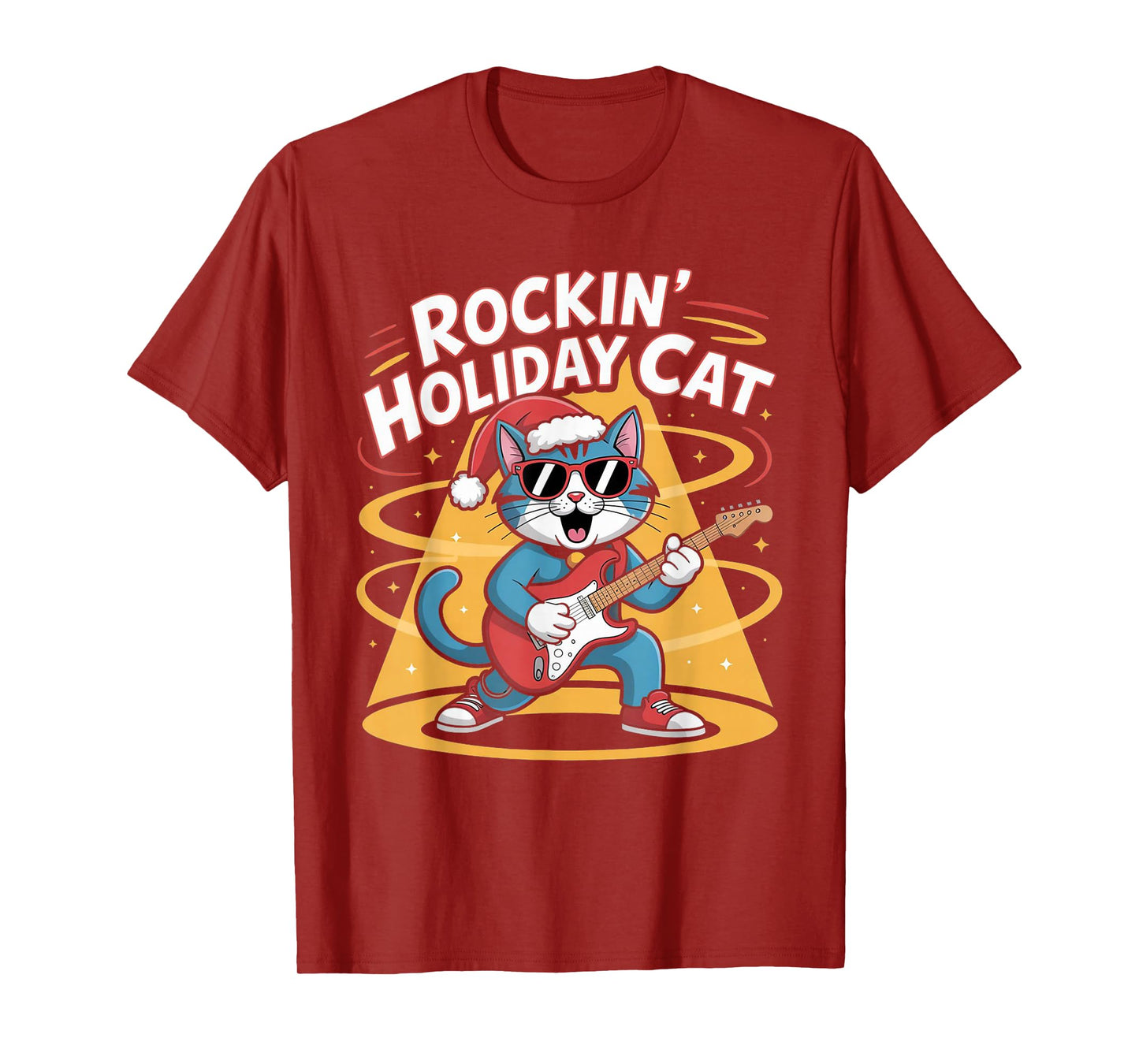Christmas Santa Hat Cat Playing Guitar Rock and Roll T-Shirt