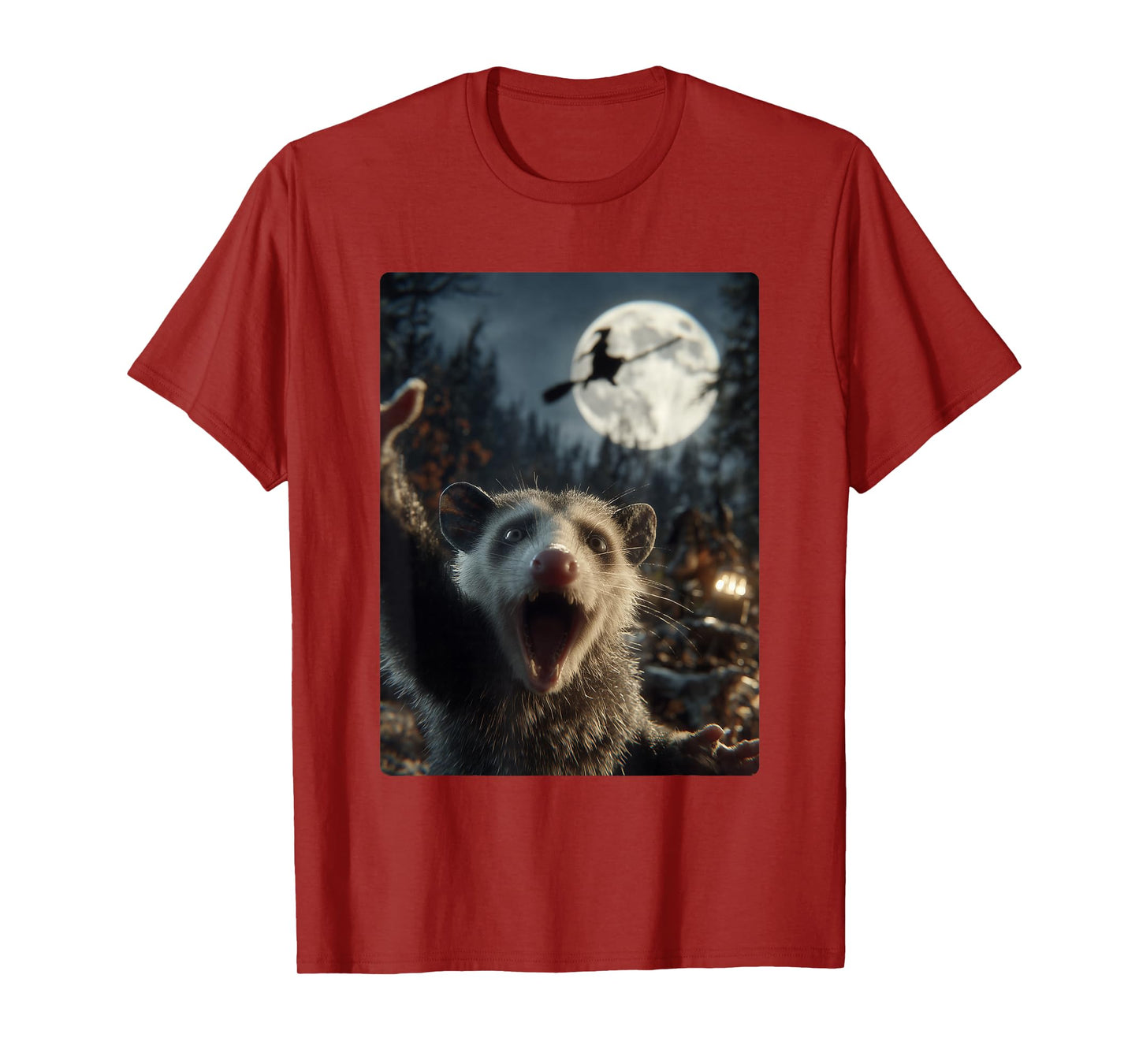 Funny Opossum Selfie Full Moon Flying Witch Forest Halloween T-Shirt