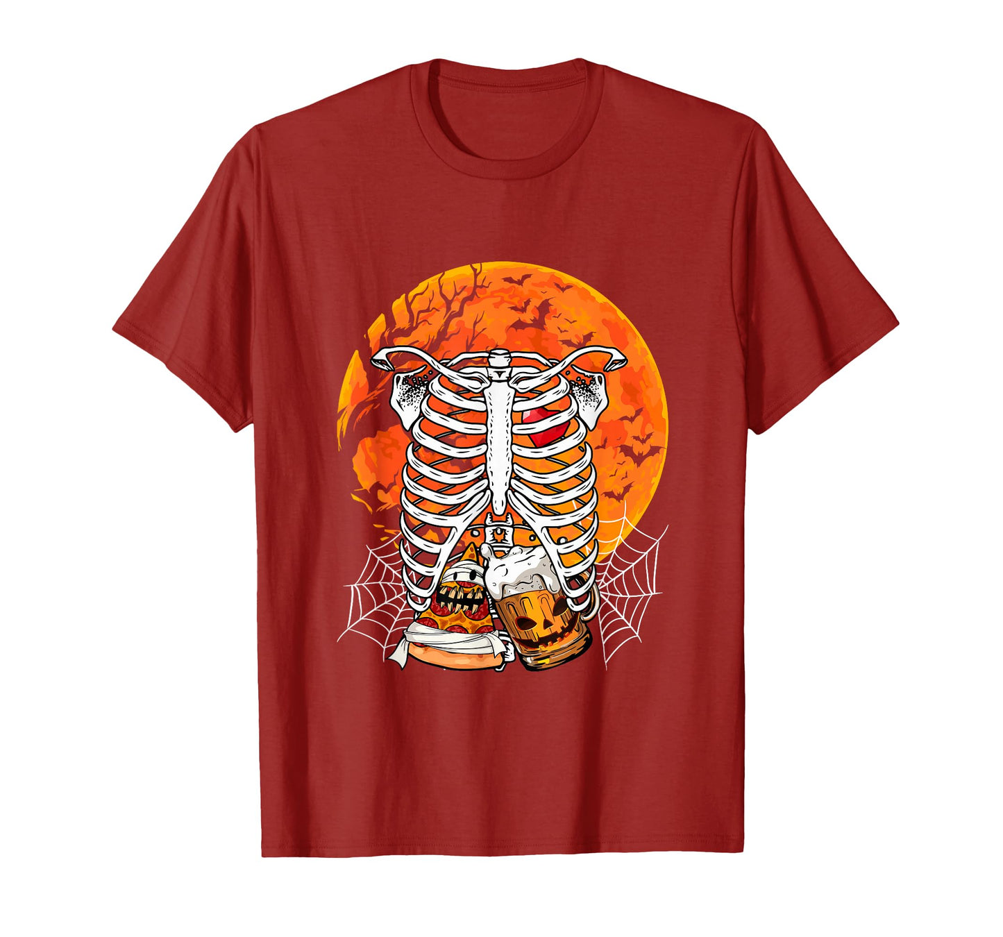 Horror Beer Pizza Inside Rib Cage X-ray Skeleton Halloween T-Shirt