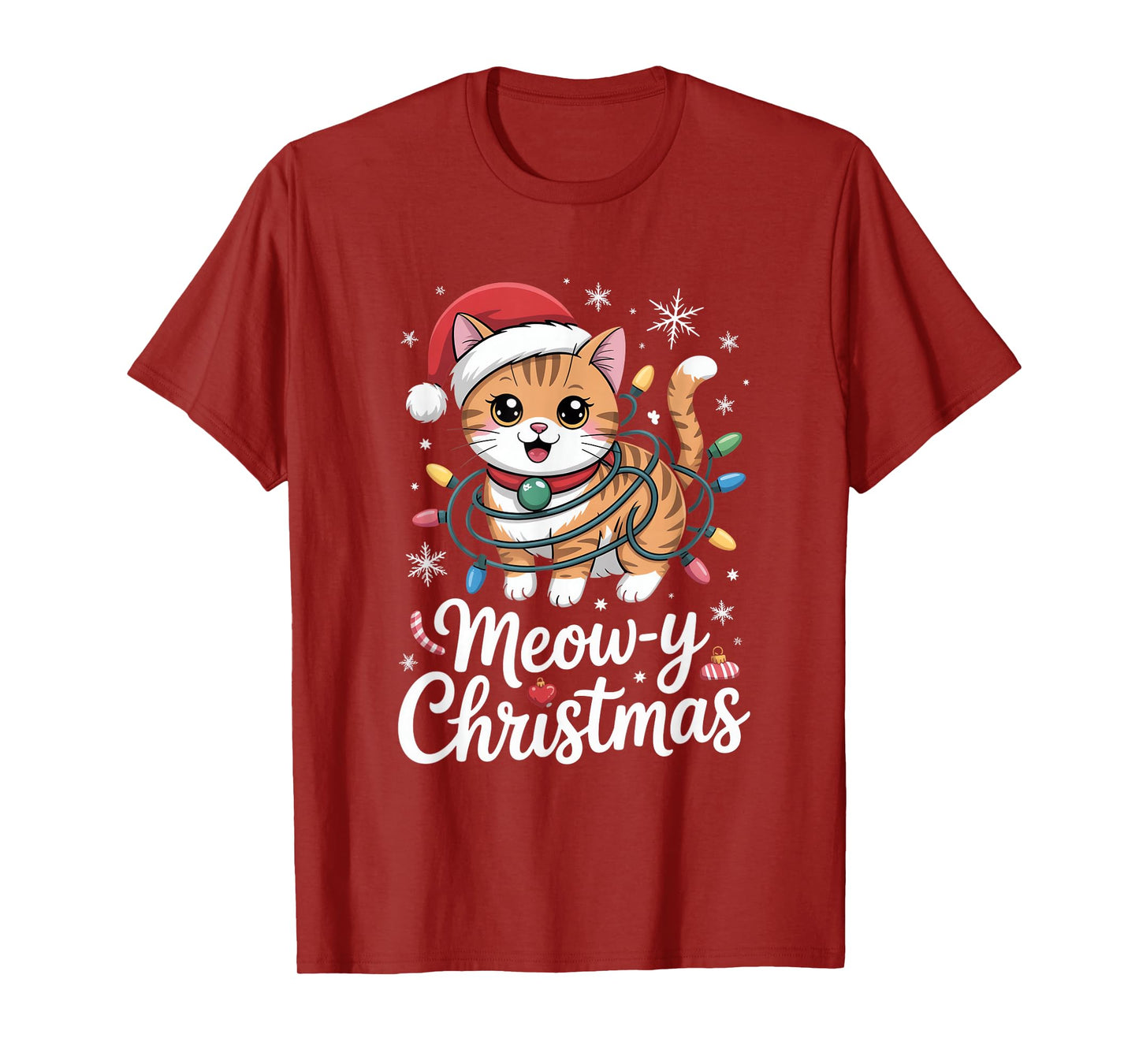 Meow Y Christmas Cute Cat with Santa Hat and Lights T-Shirt