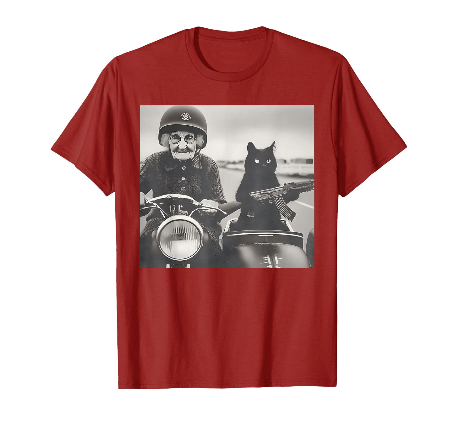 Granny And Her Armed Cat Riding Vintage Motorcycle T-Shirt