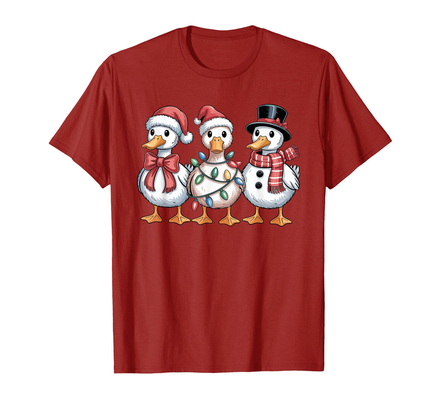 Funny Christmas Goose Trio Santa Snowman Festive Lights T-Shirt