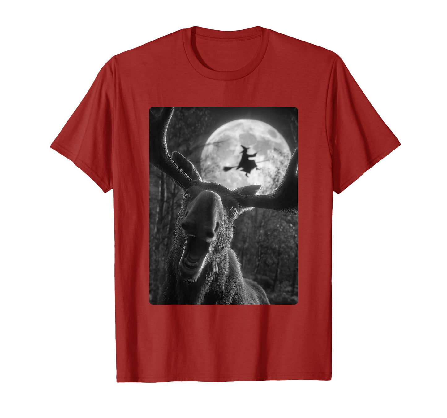 Funny Moose Selfie Full Moon Flying Witch Forest Halloween T-Shirt