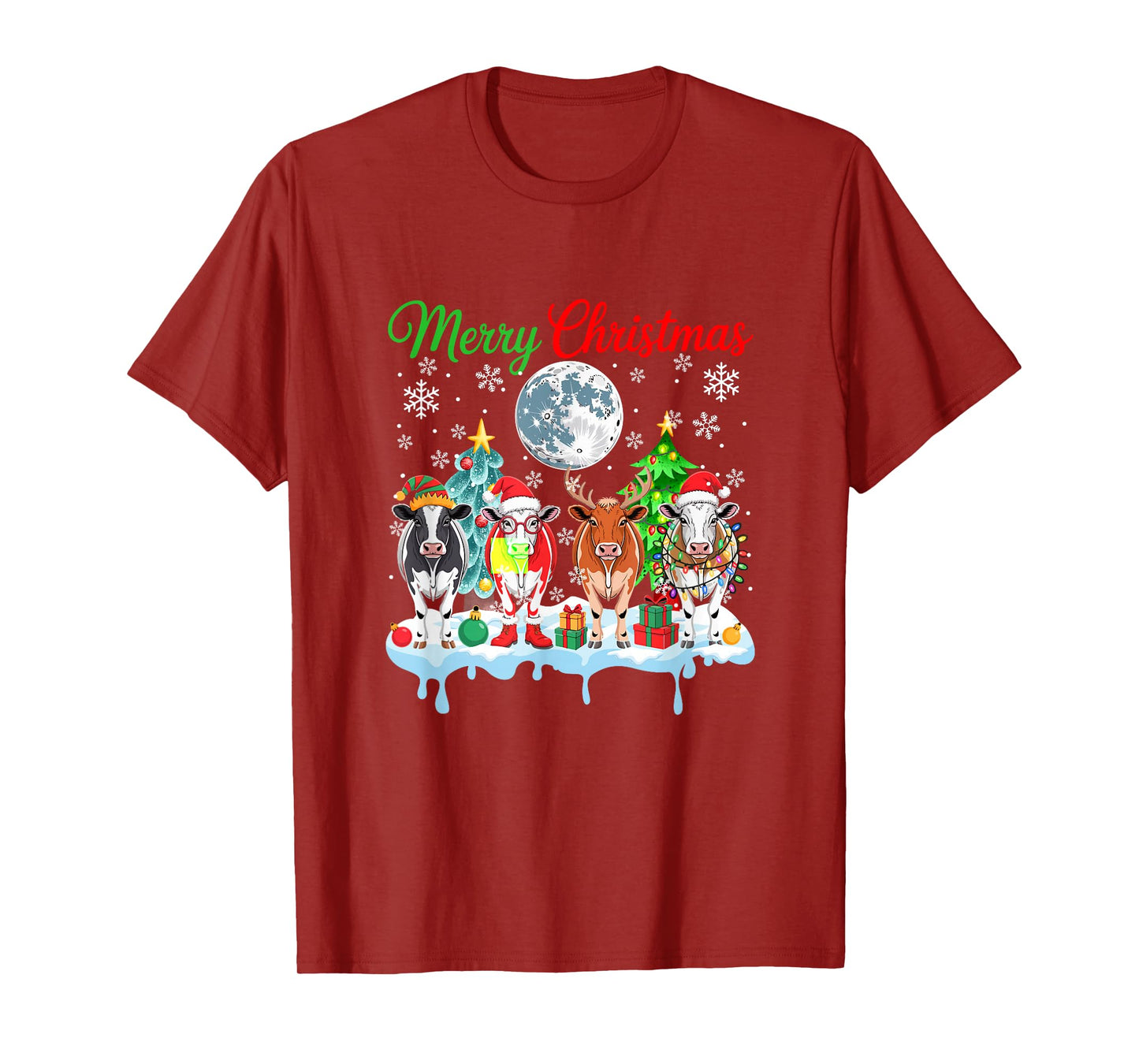 Merry Christmas Snow Group Santa Elf Reindeer Cows Farmer T-Shirt