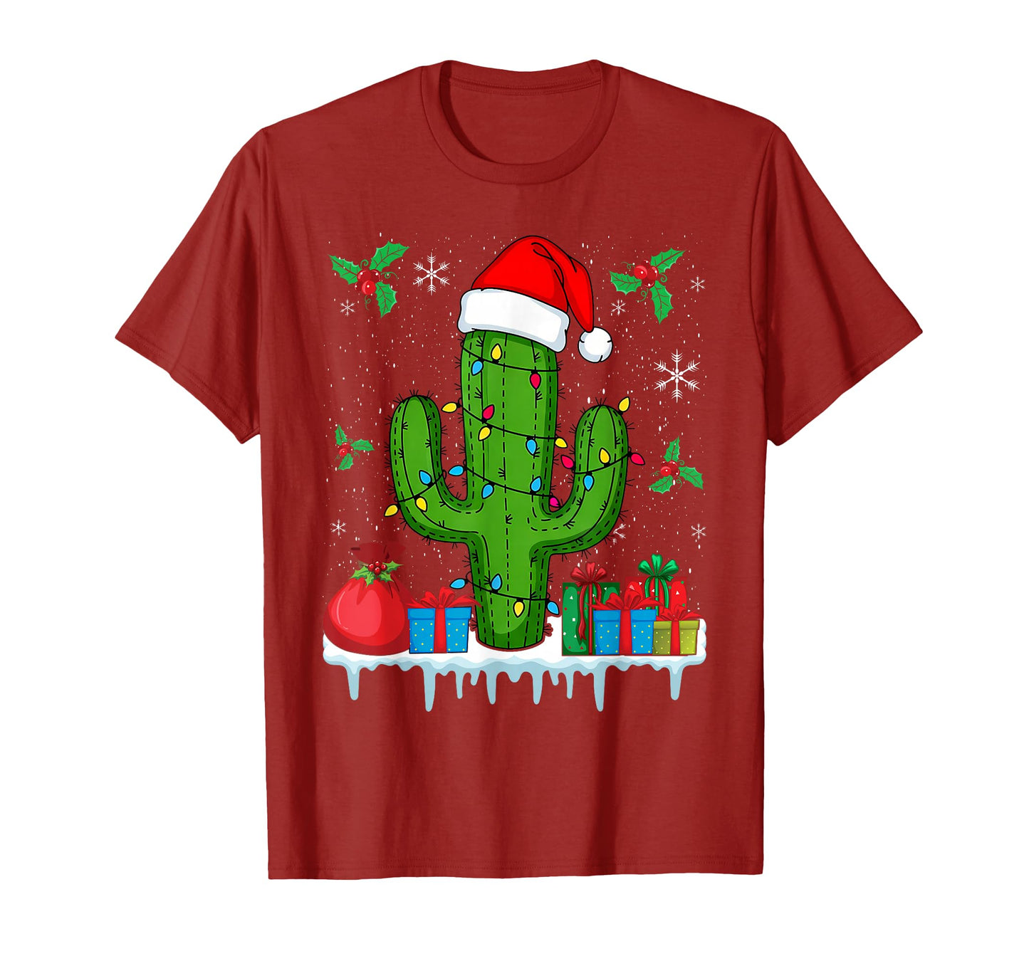 Funny Cactus Rocking Christmas with Santa Hat and Lights T-Shirt