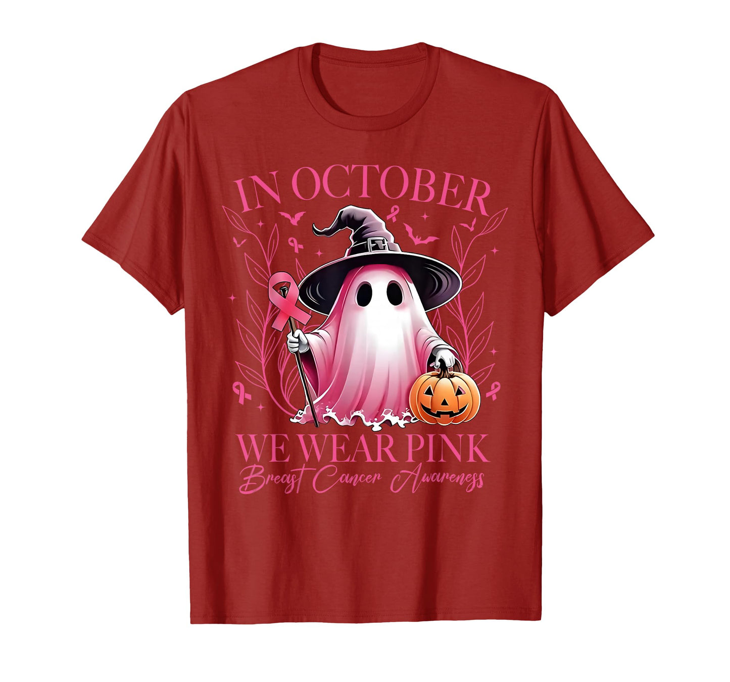 in October We Wear Pink Ghost Witch Breast Cancer Awareness T-Shirt