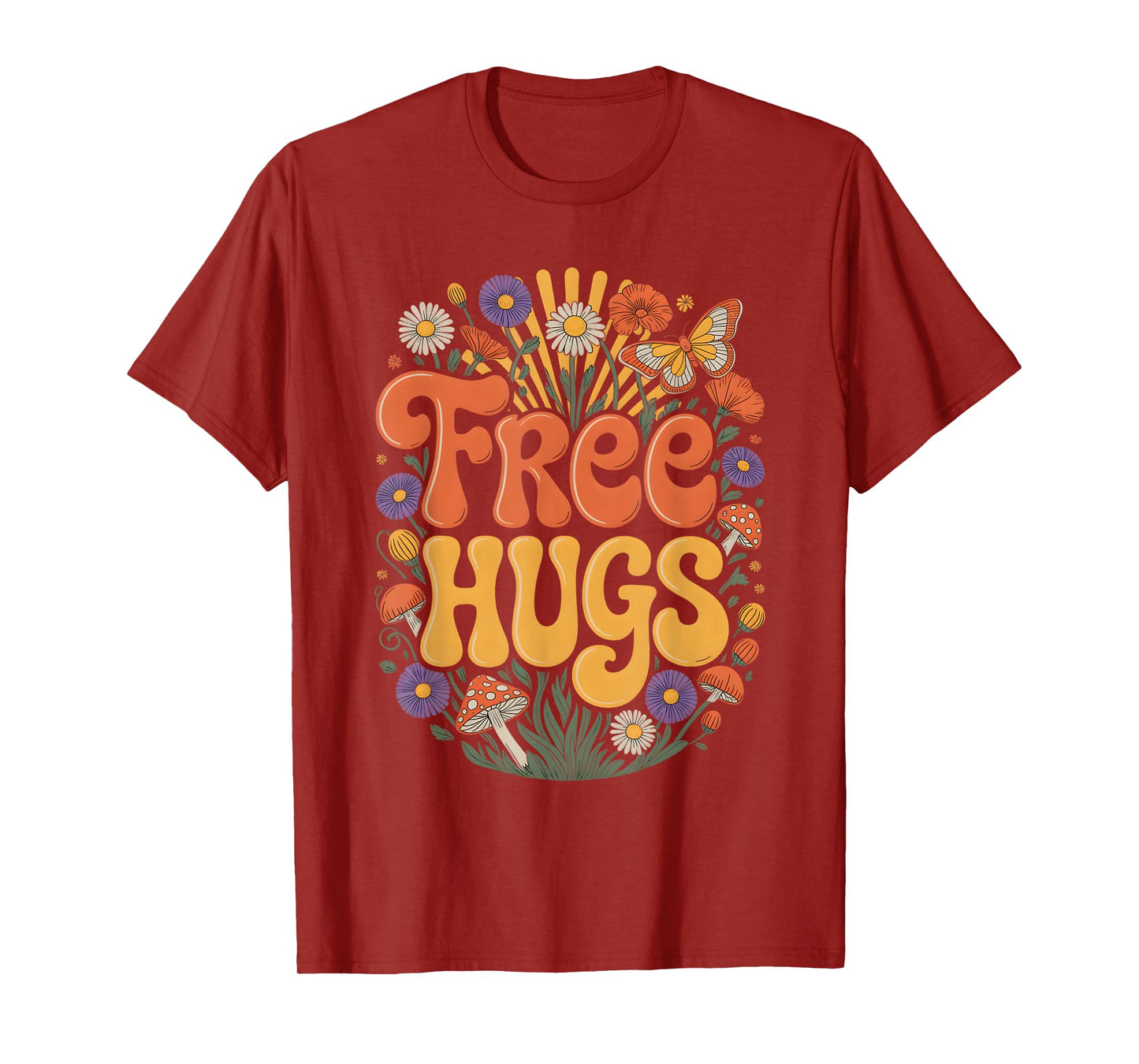 Free Hugs Day Hugging Day Flower Hippie Retro Women Men Kids T-Shirt