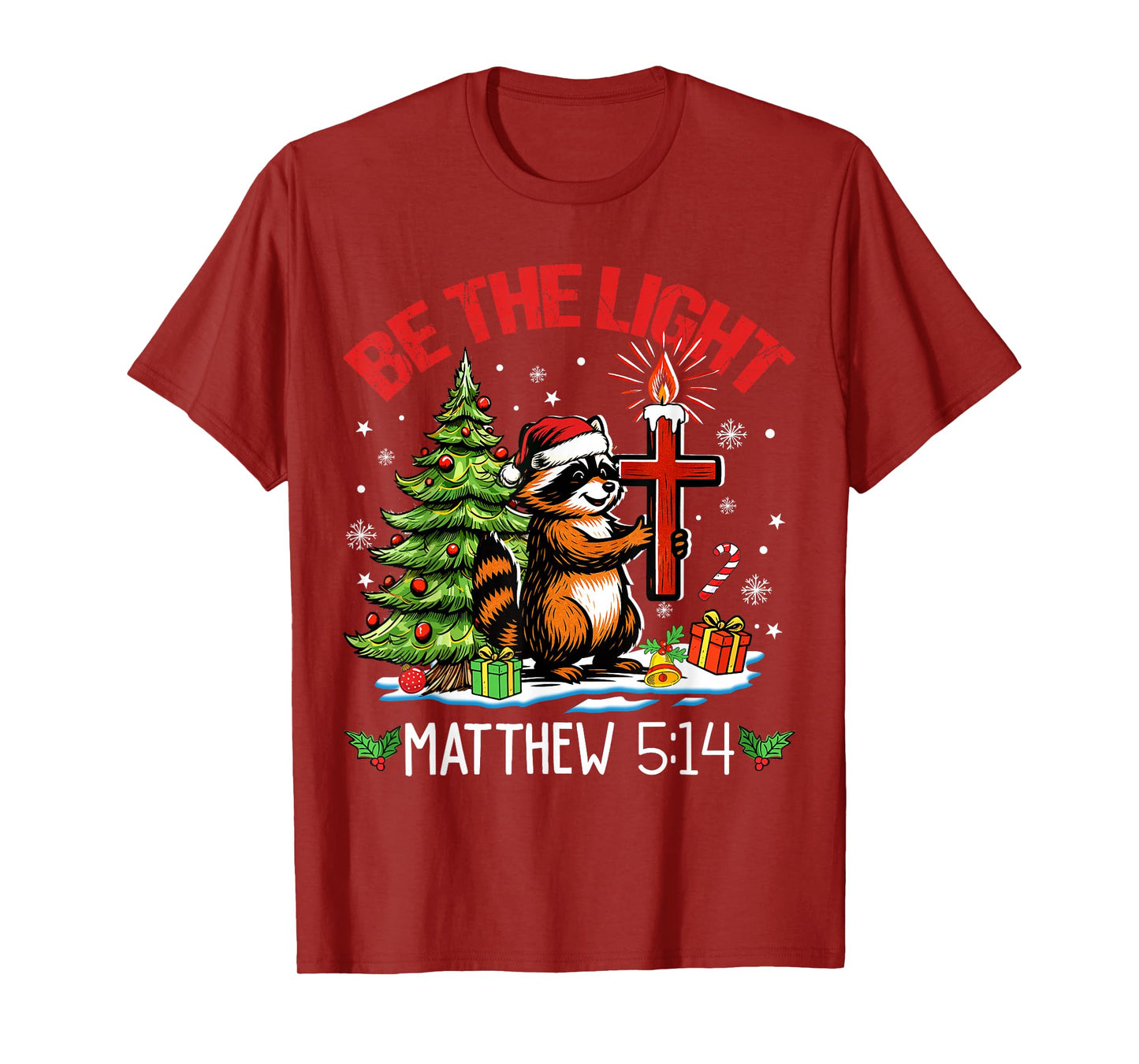 Be Light Christmas Raccoon Christian Lights Matthew 5:14 T-Shirt