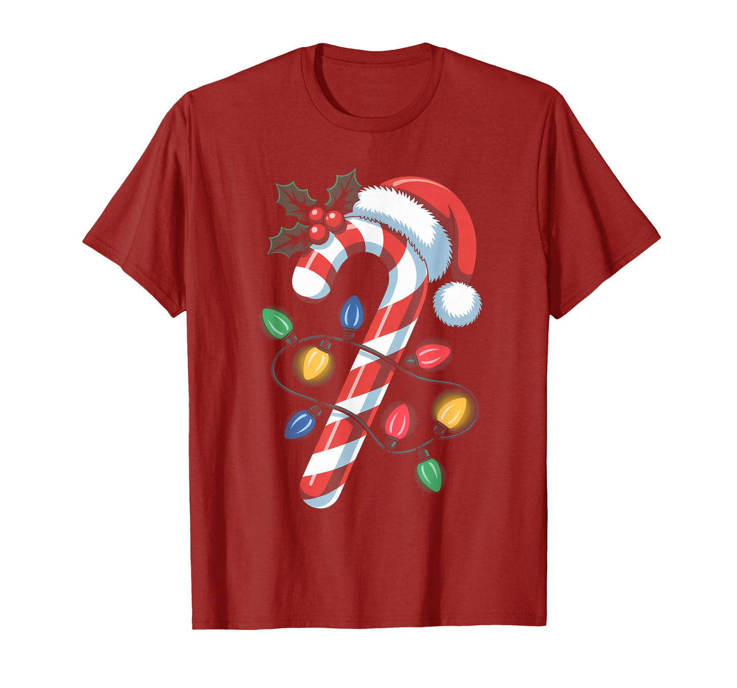 Christmas Candy Cane Santa Hat Festive Holiday Lights T-Shirt