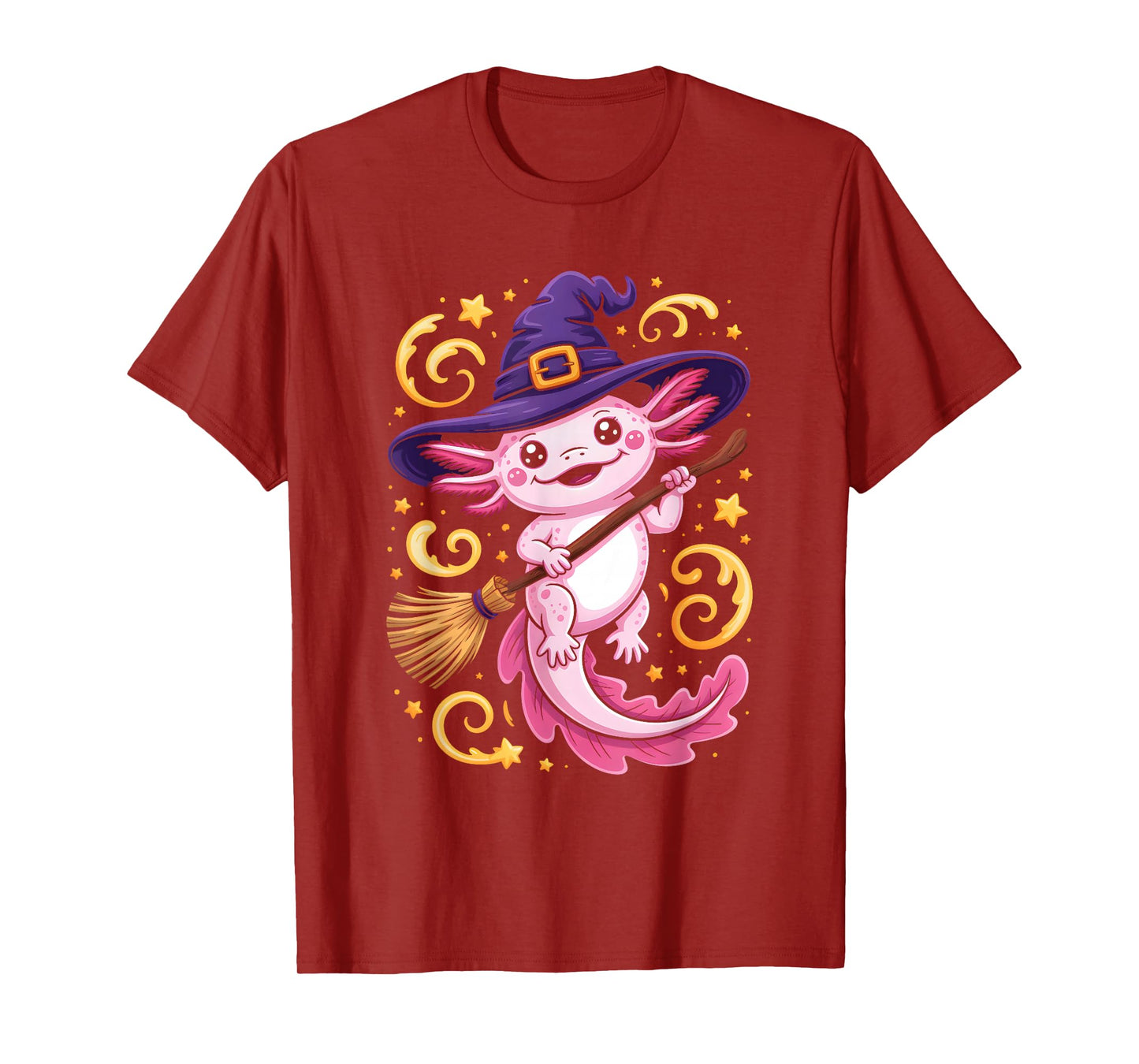 Pink Axolotl Witch Riding Broomstick Stars Swirls Halloween T-Shirt