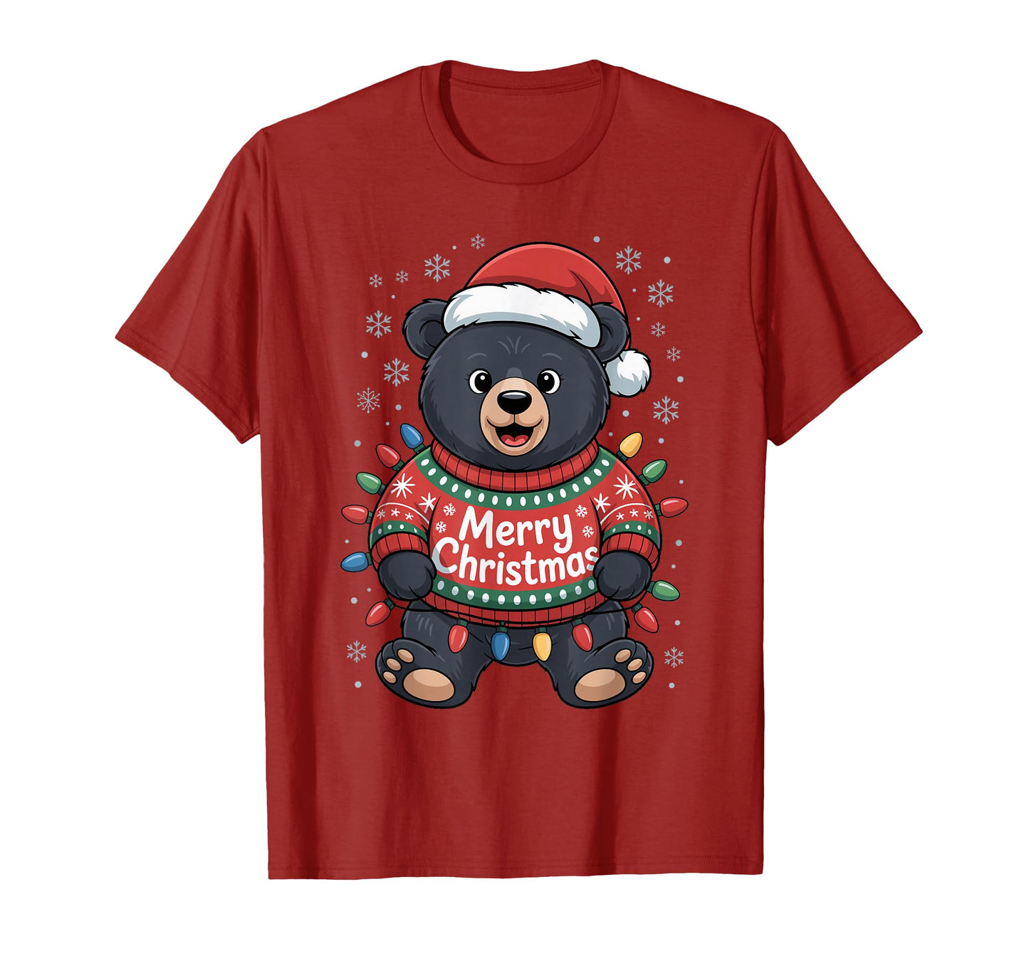 Merry Black Bear Christmas Humor Santa Hat Light Party Funny T-Shirt