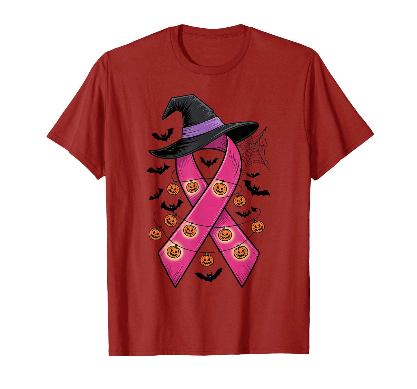 Breast Cancer Warrior Halloween Pink Ribbon Witch Hat Bats T-Shirt