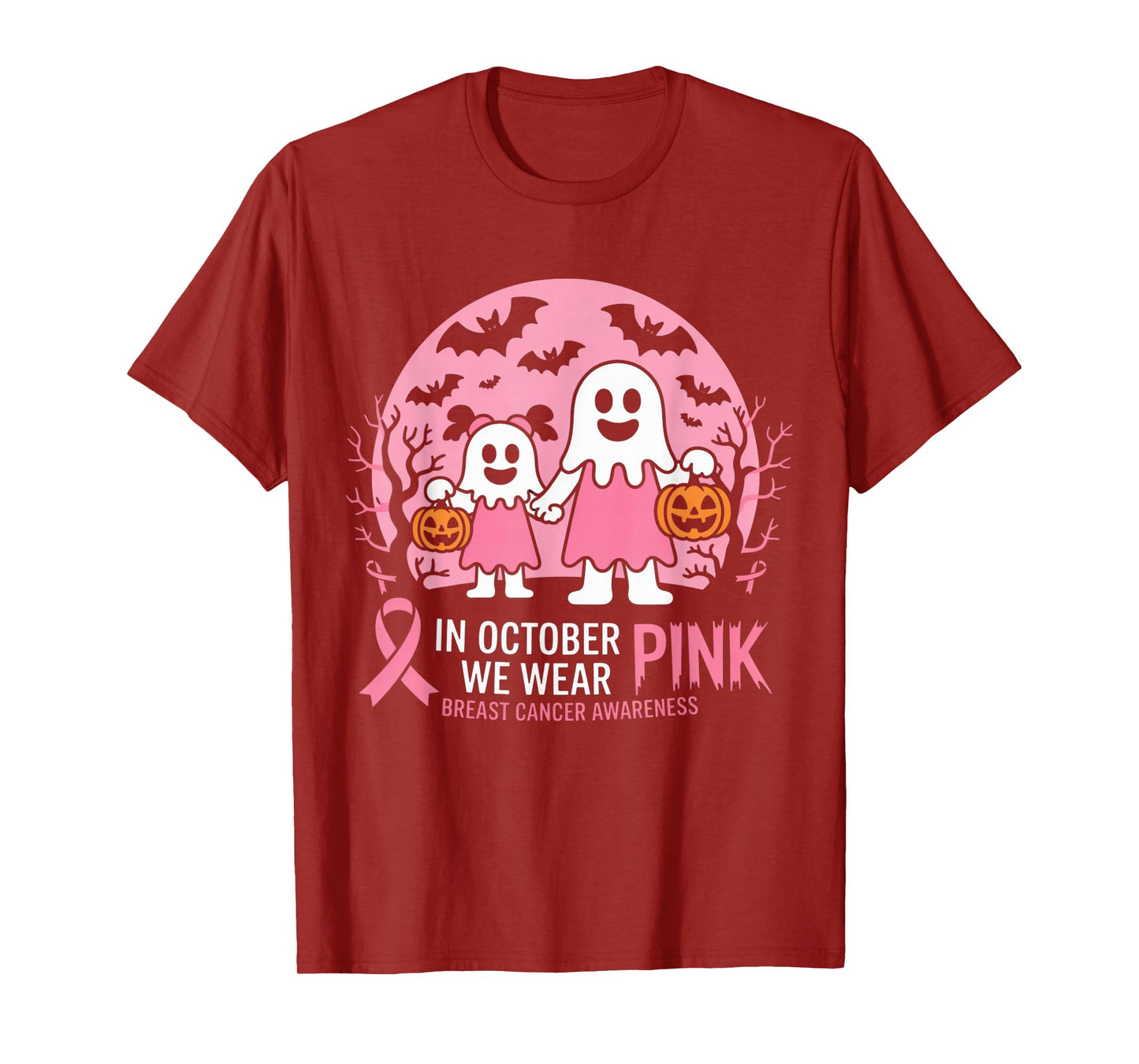 in October We Wear Pink Ghost Witch Breast Cancer Awareness T-Shirt