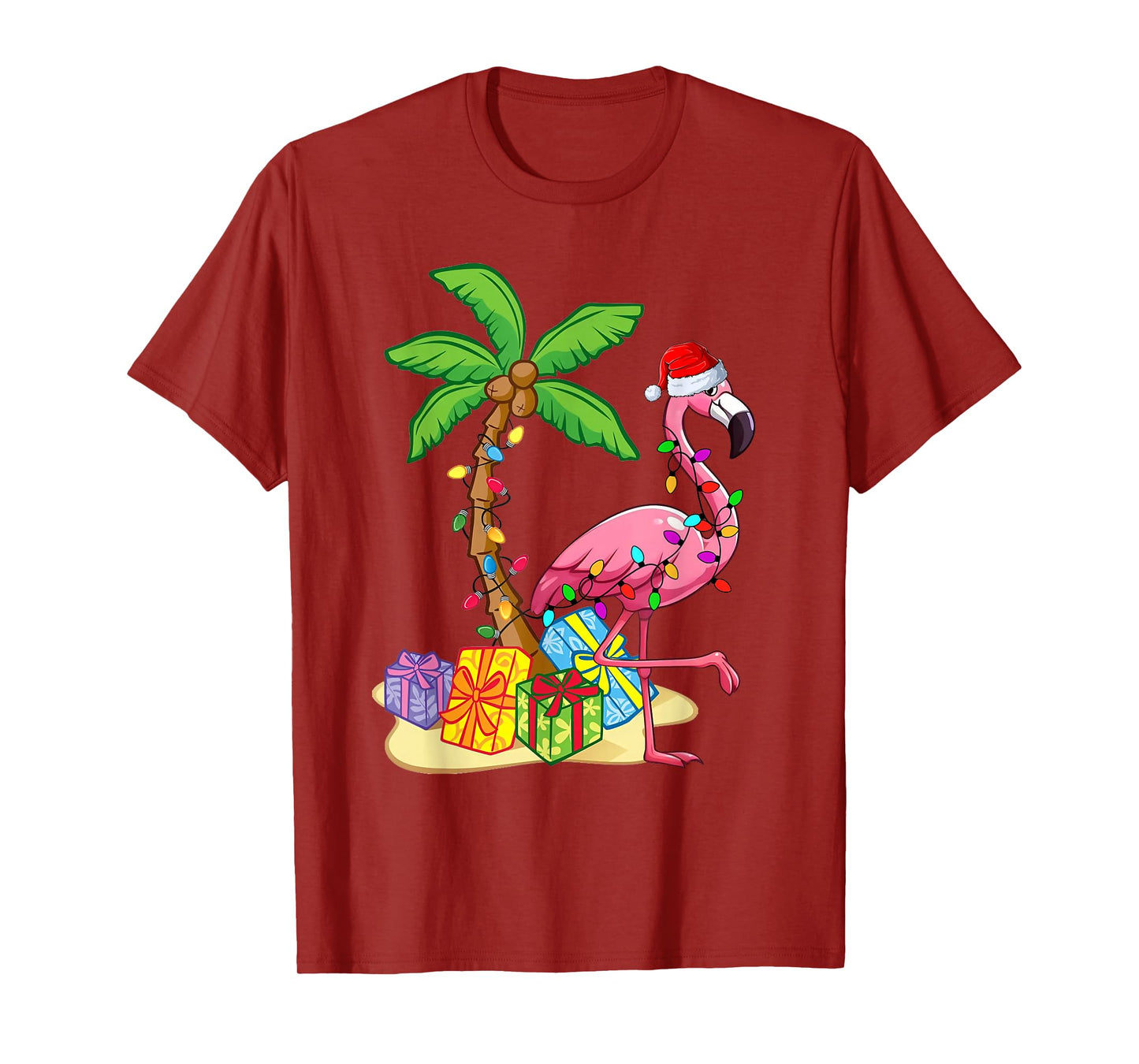 Flamingo Santa Hat Palm Tree Merry Christmas Lights T-Shirt