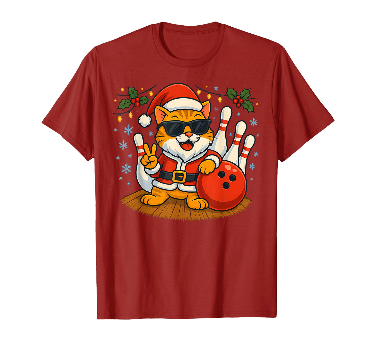 Santa Cat Bowling Christmas Funny Holiday Vibes Men Women T-Shirt