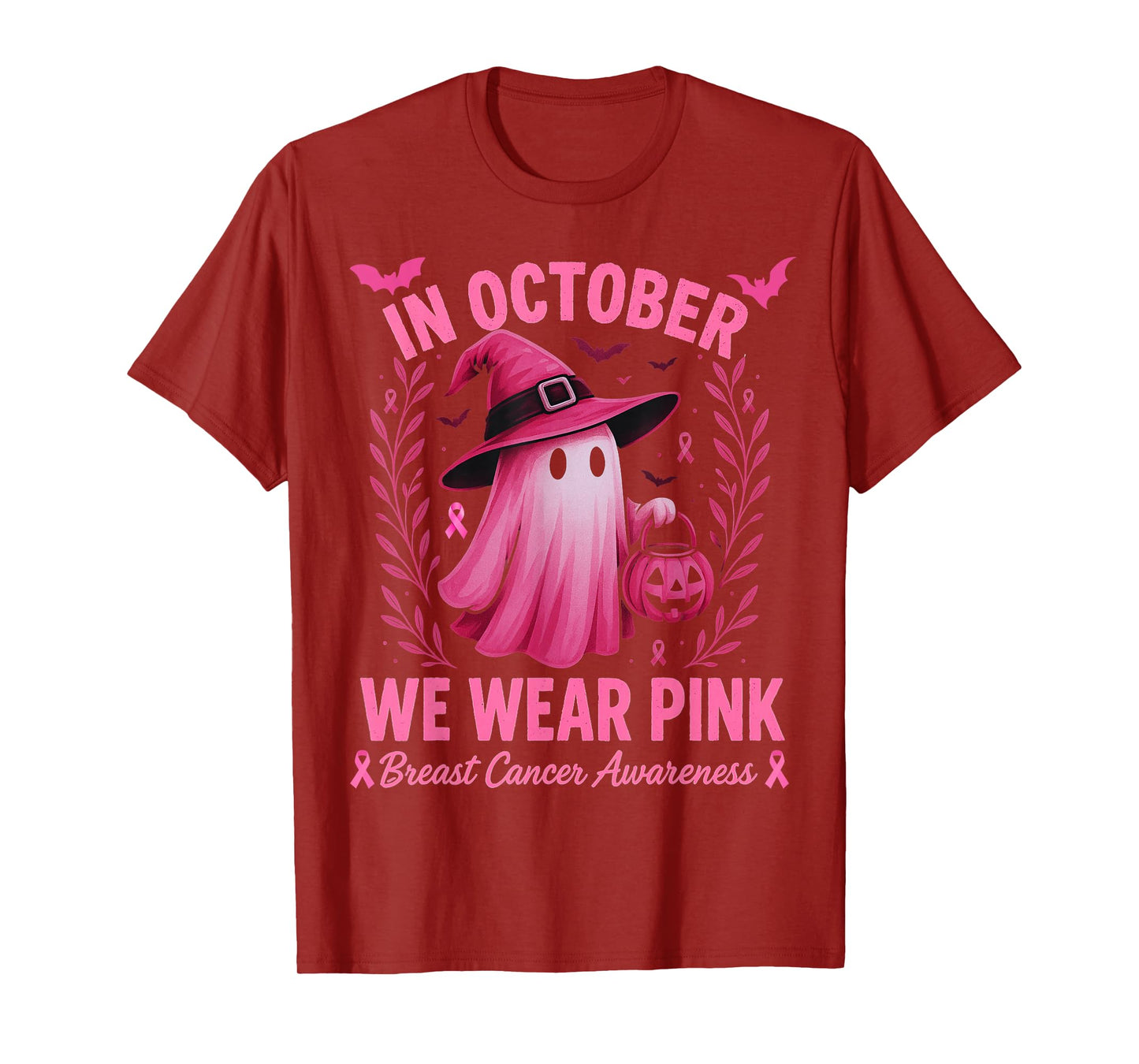 in October We Wear Pink Ghost Witch Breast Cancer Awareness T-Shirt