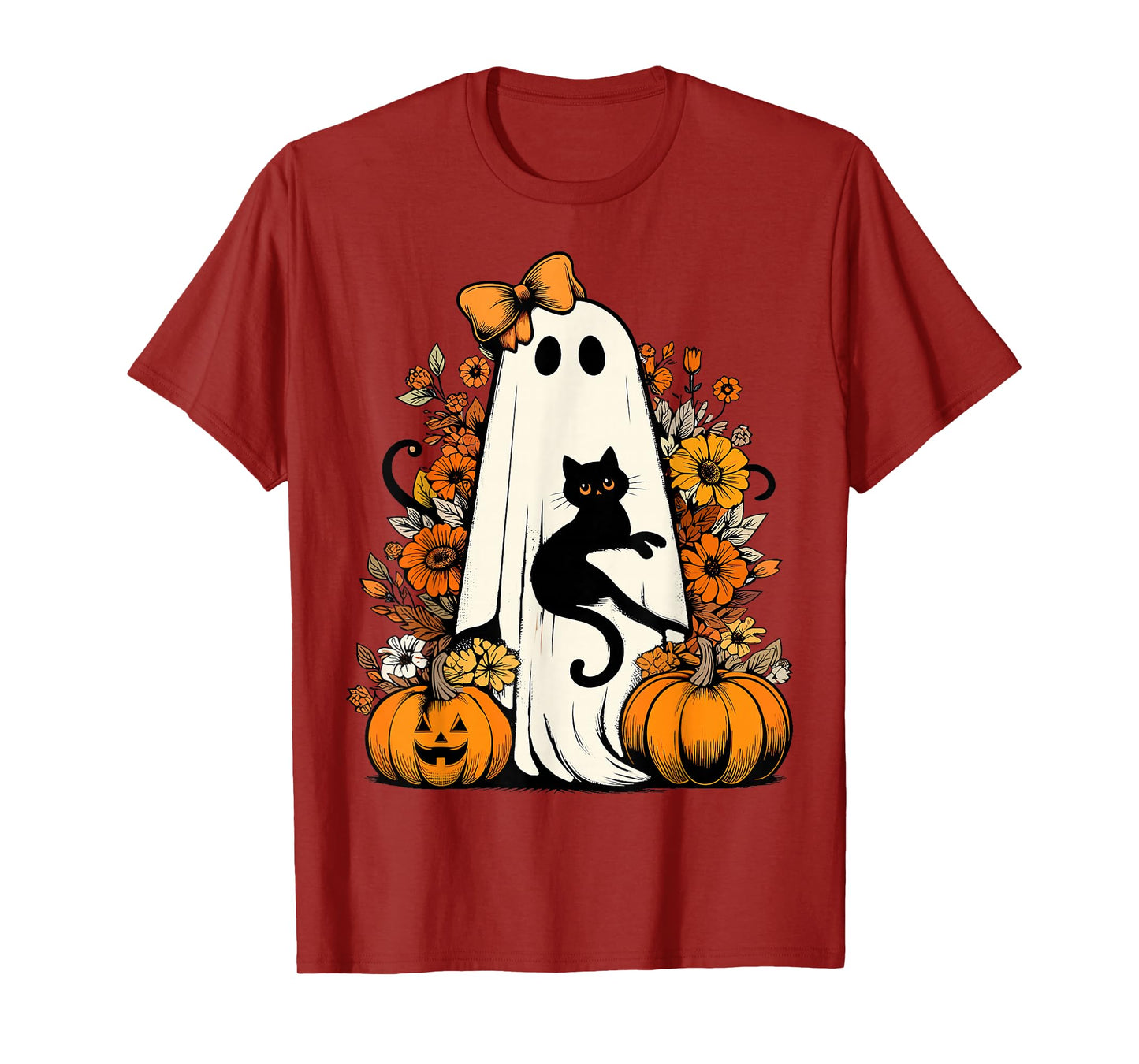 Retro Halloween Ghost Holding Black Cat Floral Halloween Cat T-Shirt