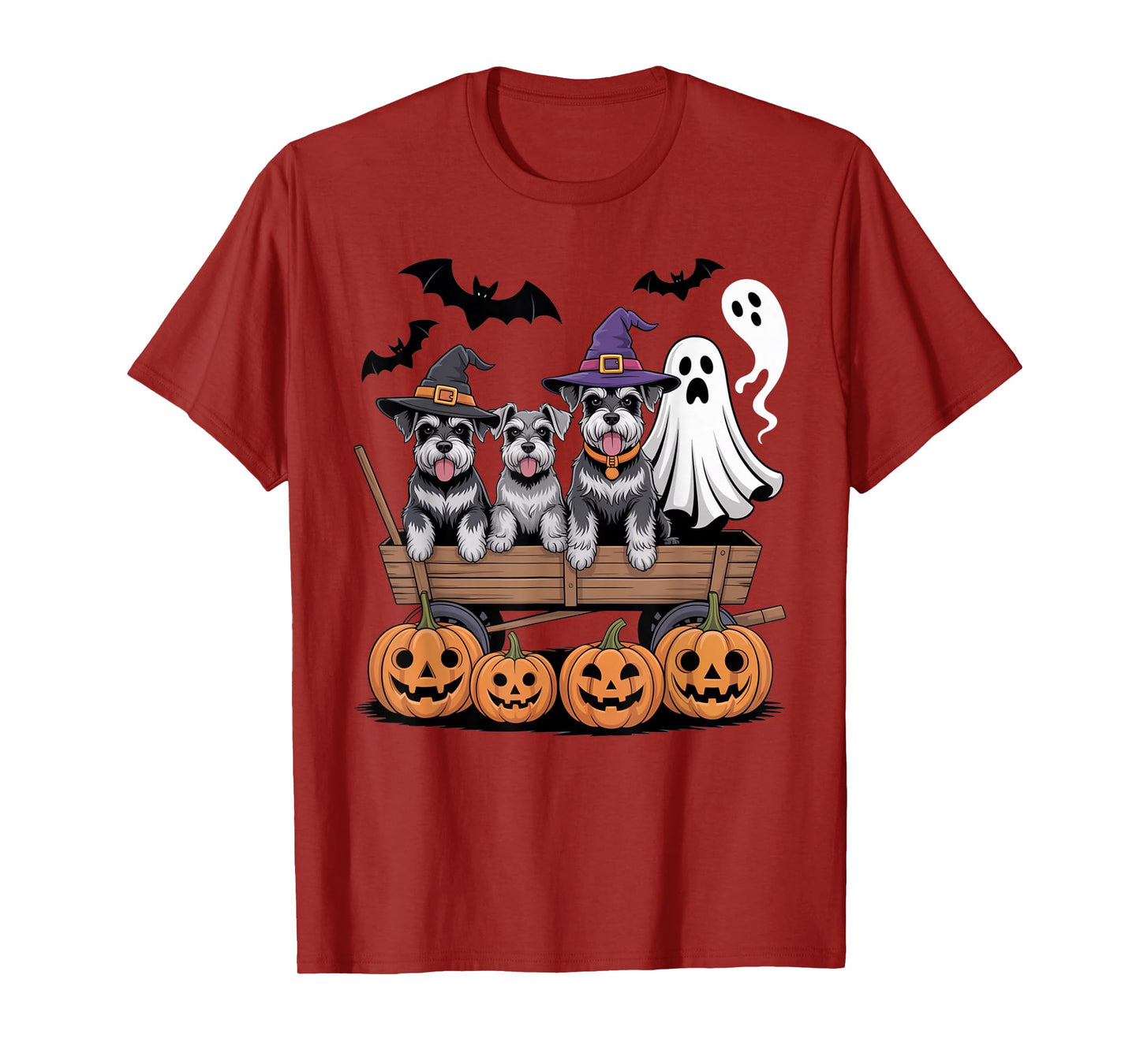 Schnauzer Halloween Wagon Ghost Witch Hats Bats Pumpkins T-Shirt
