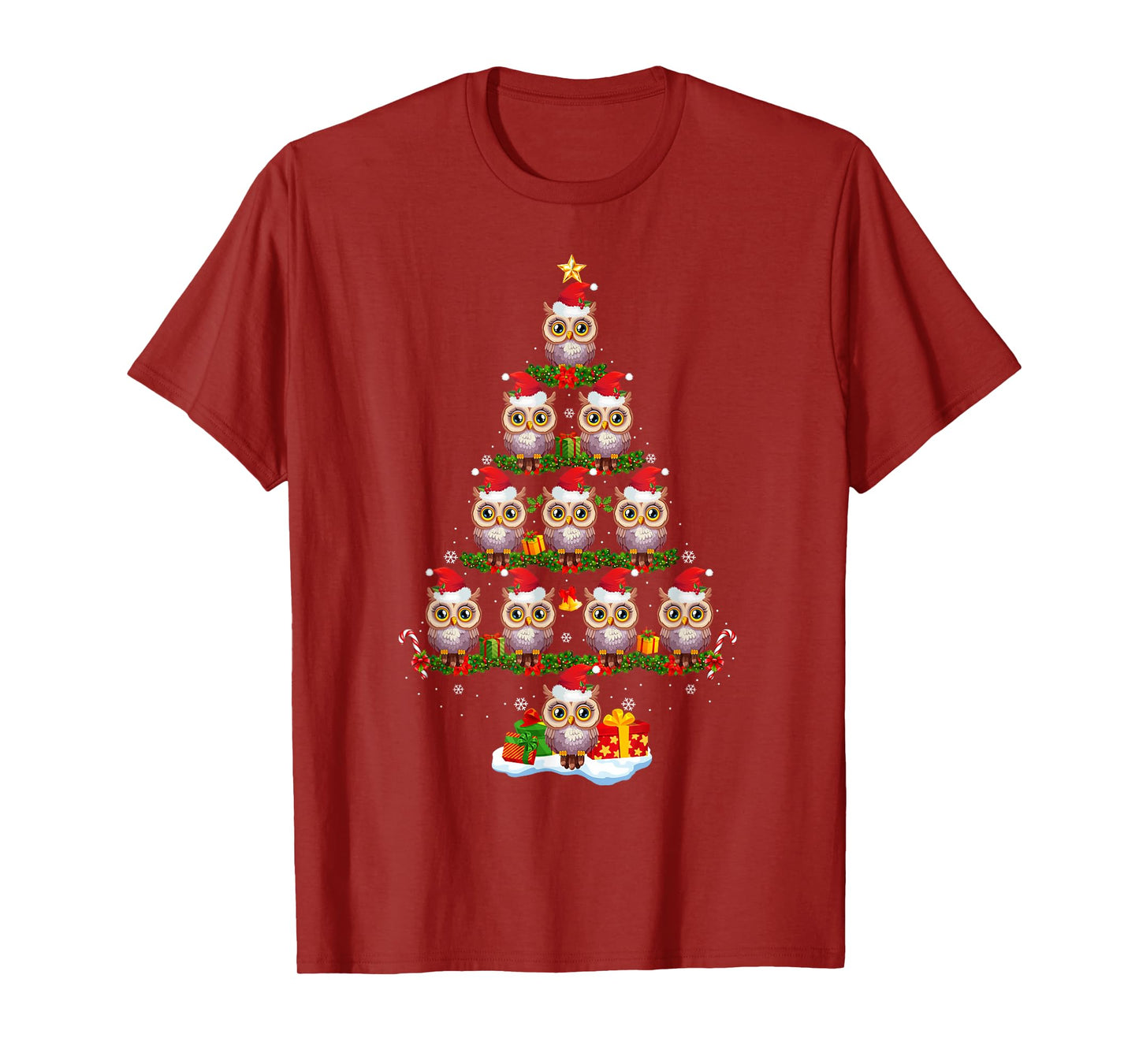 Owl Christmas Tree Lights Funny Xmas Santa Hat Owl Lover T-Shirt