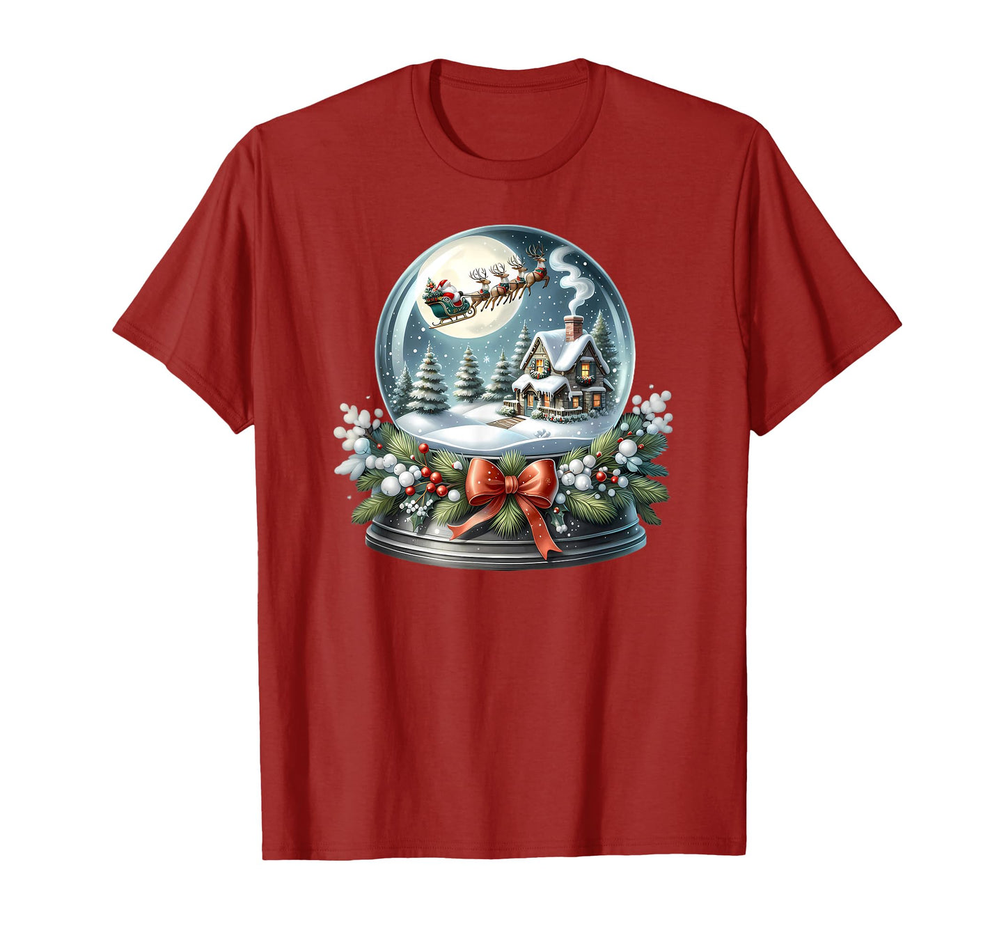 Santa Sleigh Over Cozy Snow Globe Scene T-Shirt