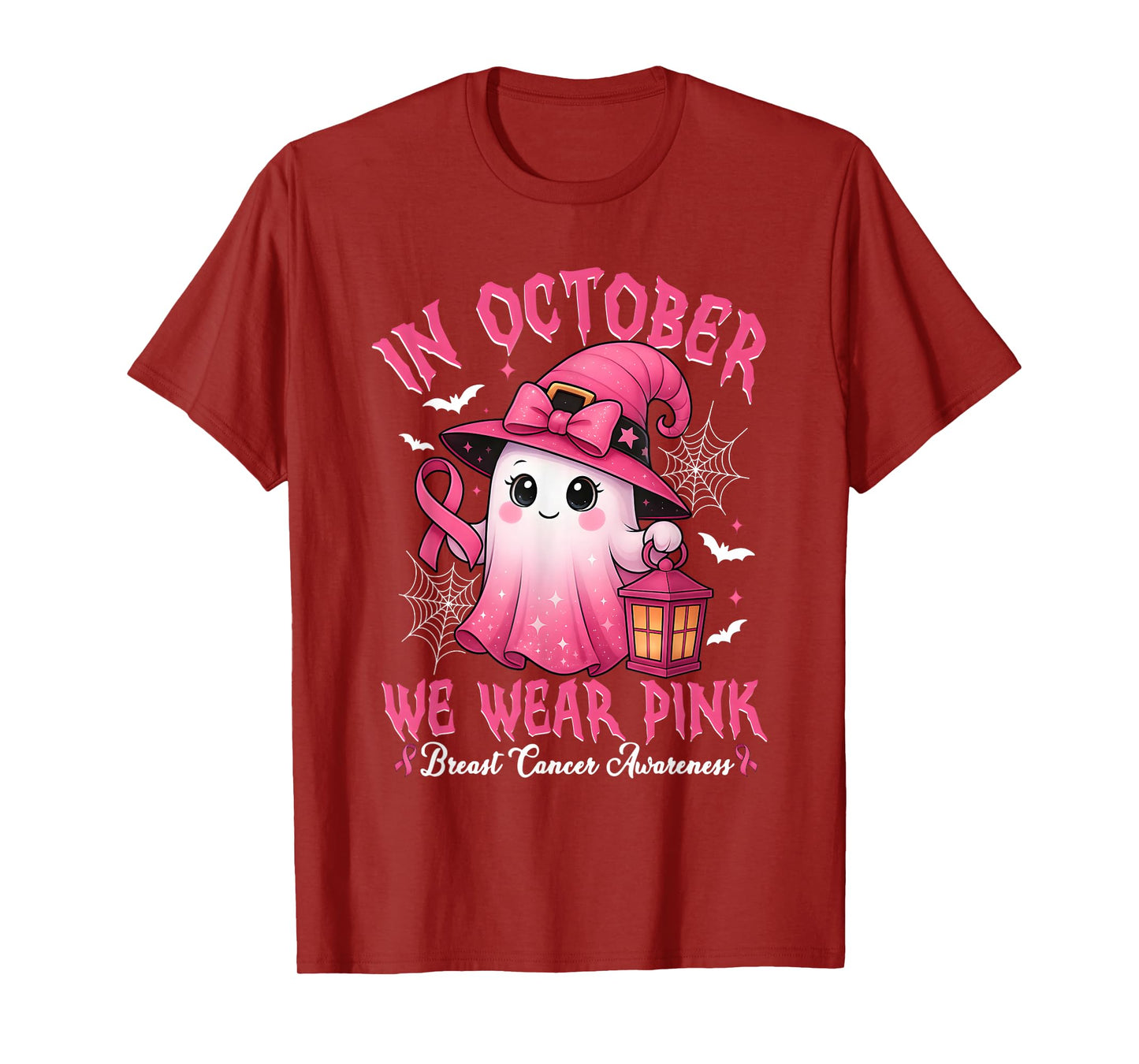in October We Wear Pink Ghost Witch Breast Cancer Awareness T-Shirt