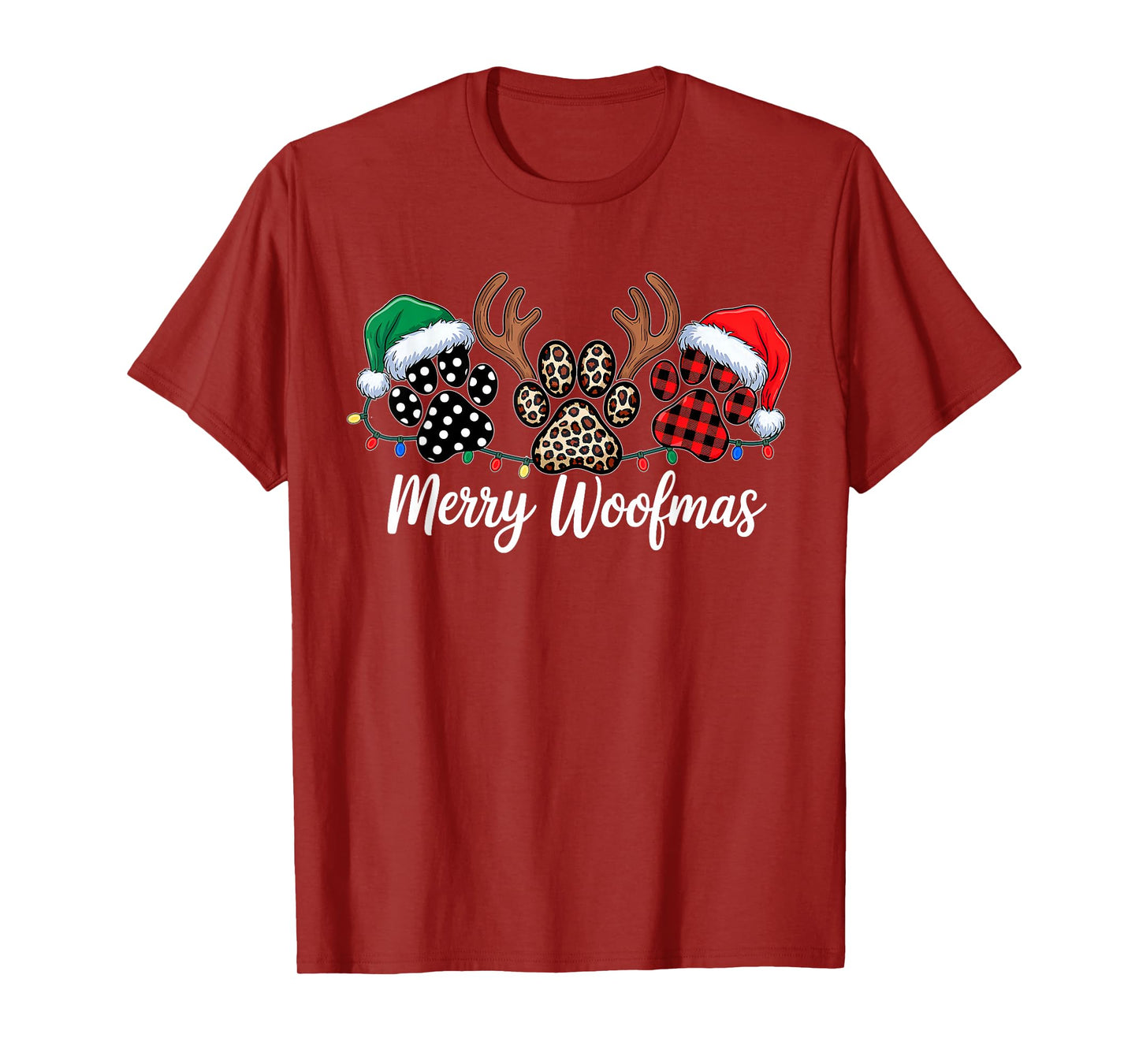 Merry Woofmas Christmas Dog Paws Buffalo Plaid Xmas Lights T-Shirt