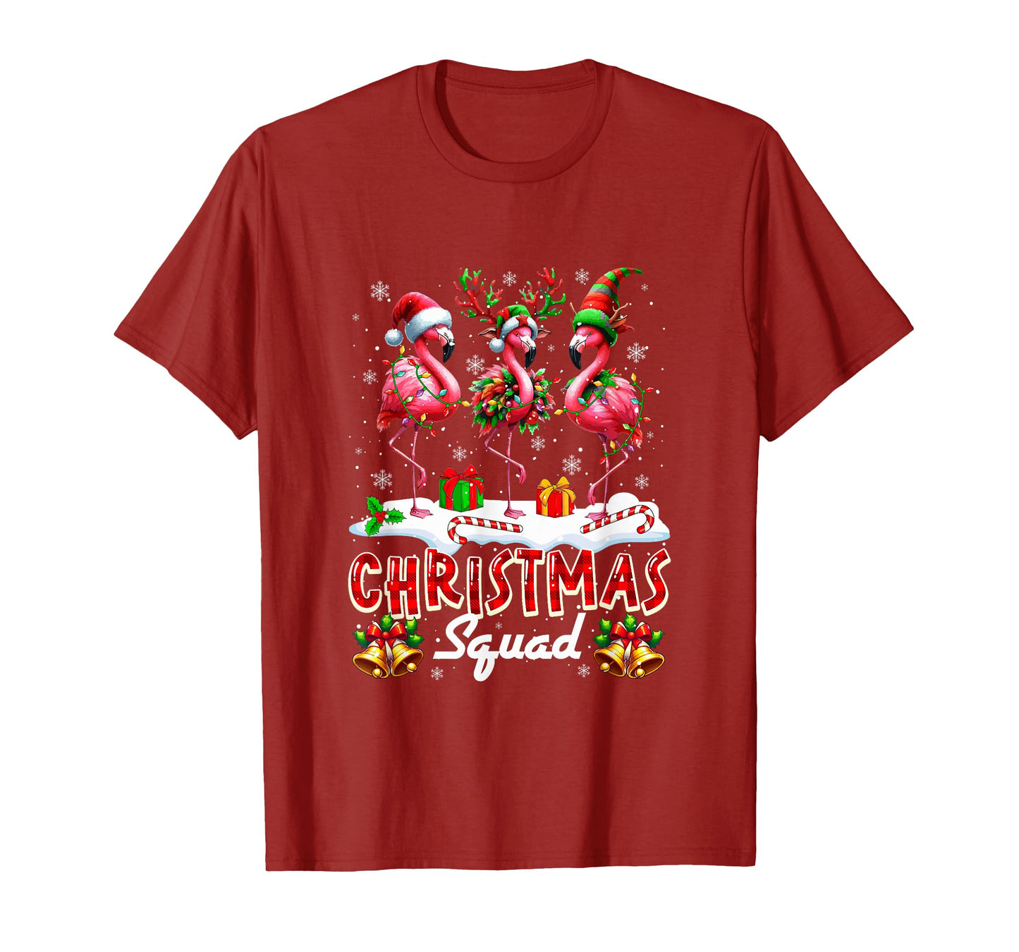 Christmas Squad Three Santa Reindeer Elf Flamingos Colorful T-Shirt