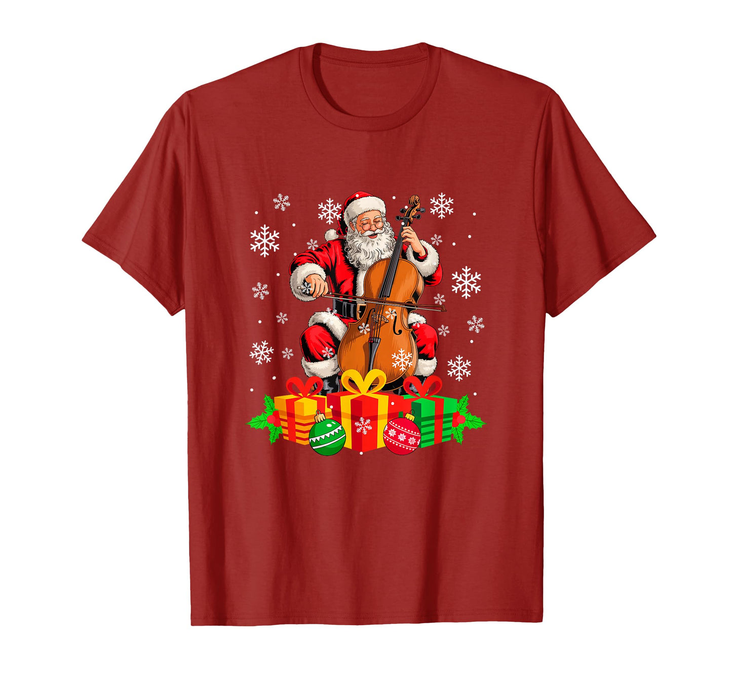 Santa Playing Cello Instrument Colorful Christmas Boxes T-Shirt