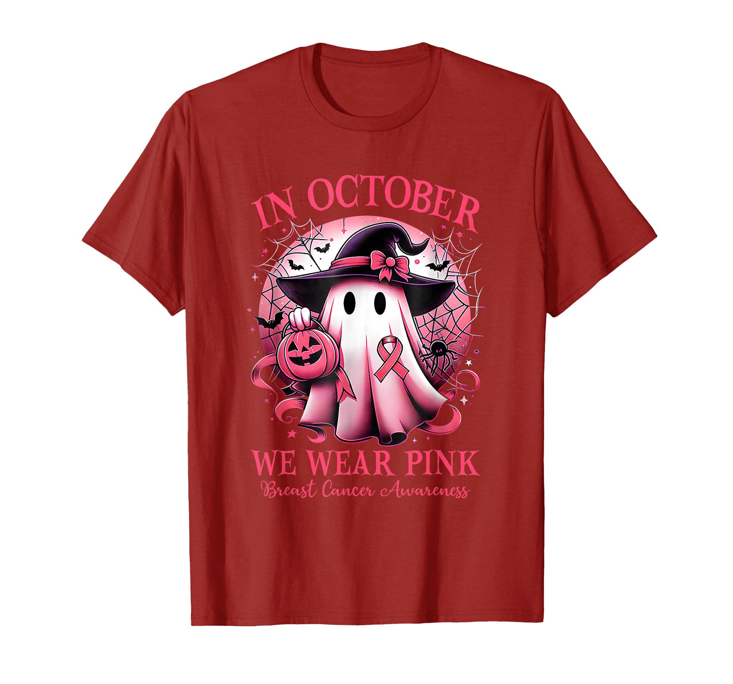 in October We Wear Pink Witch Ghost Breast Cancer T-Shirt