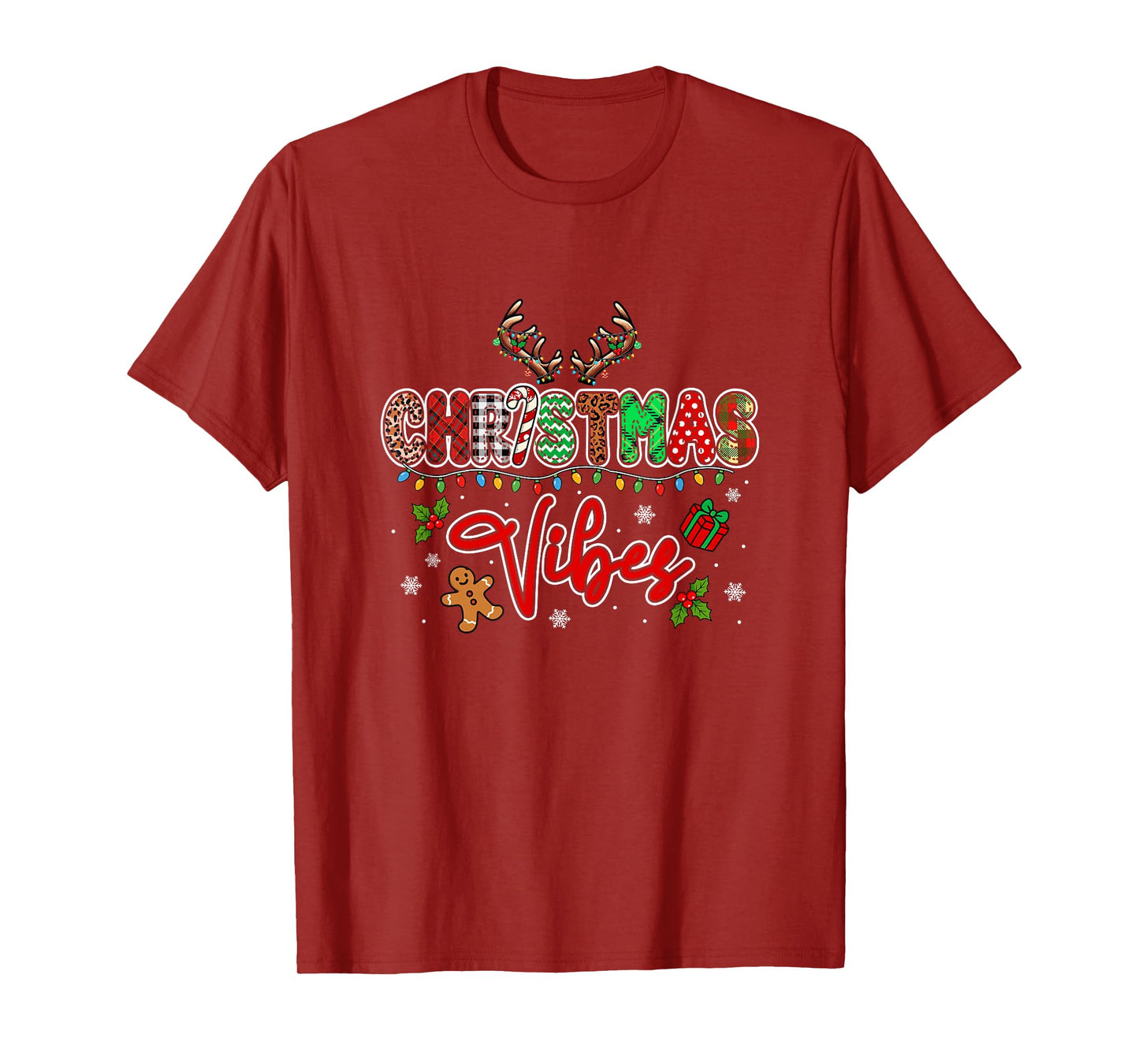 Christmas Funny Vibes Colorful Lights Reindeer Gingerbread T-Shirt