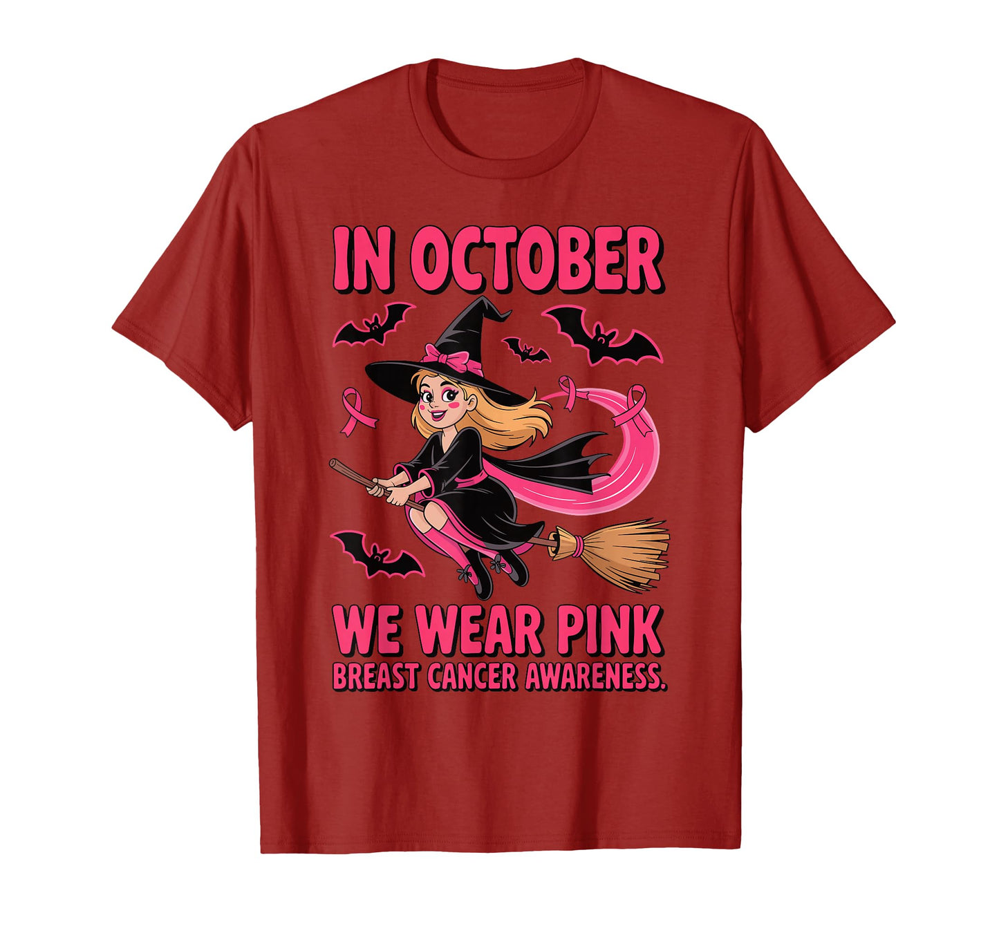 We Wear Pink in October Breast Cancer Women Halloween Witch T-Shirt