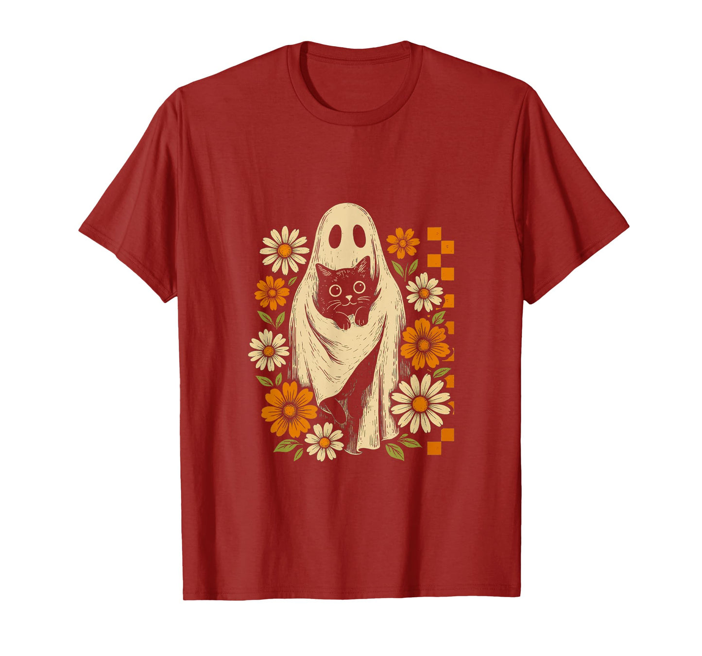 Vintage Halloween Ghost Holding Black Cat Groovy Floral T-Shirt