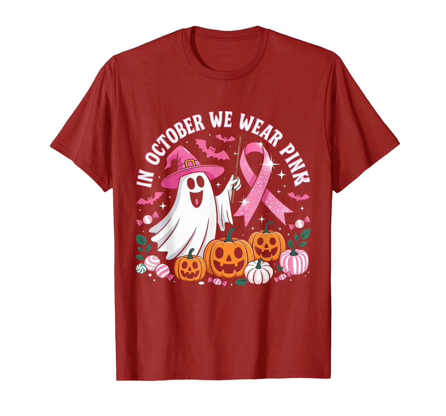 in October We Wear Pink Ghost Witch Breast Cancer Awareness T-Shirt
