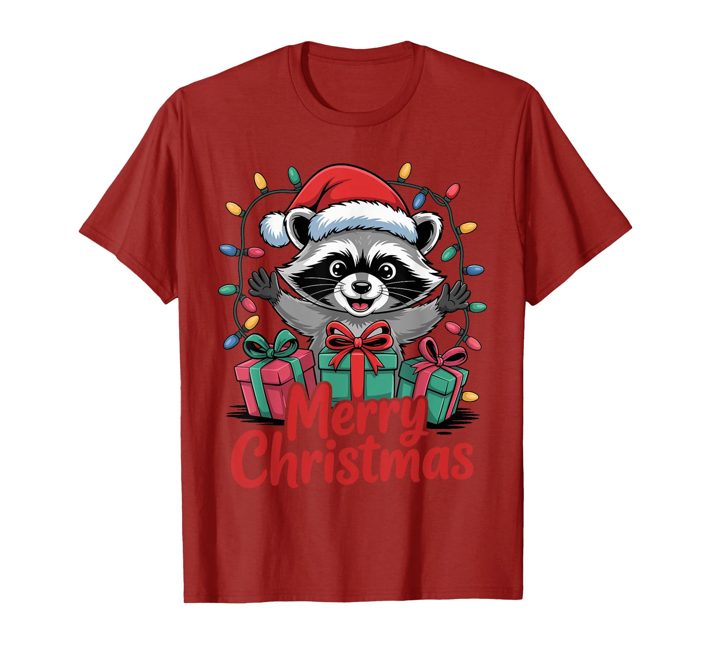 Funny Raccoon Santa Hat Animals Lovers Ugly Christmas Pajama T-Shirt