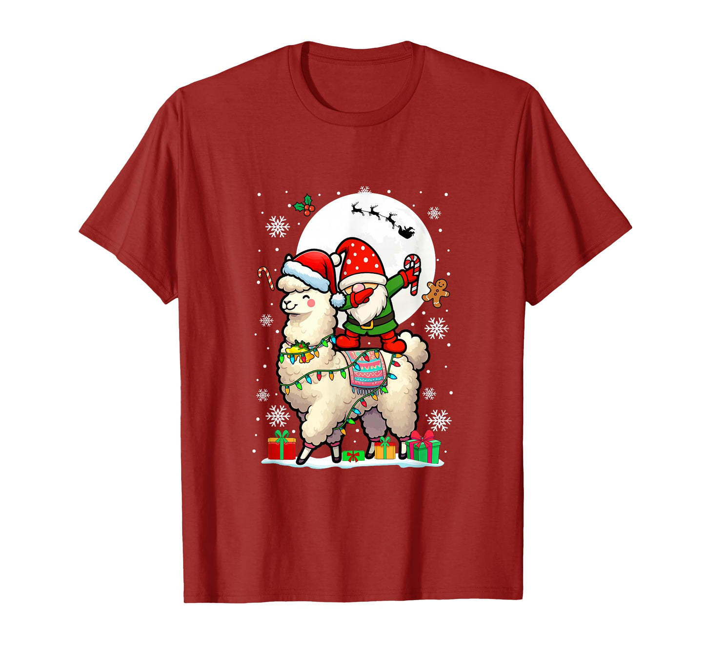 Dabbing Gnome On Llama Christmas Santa Colorful Lights T-Shirt