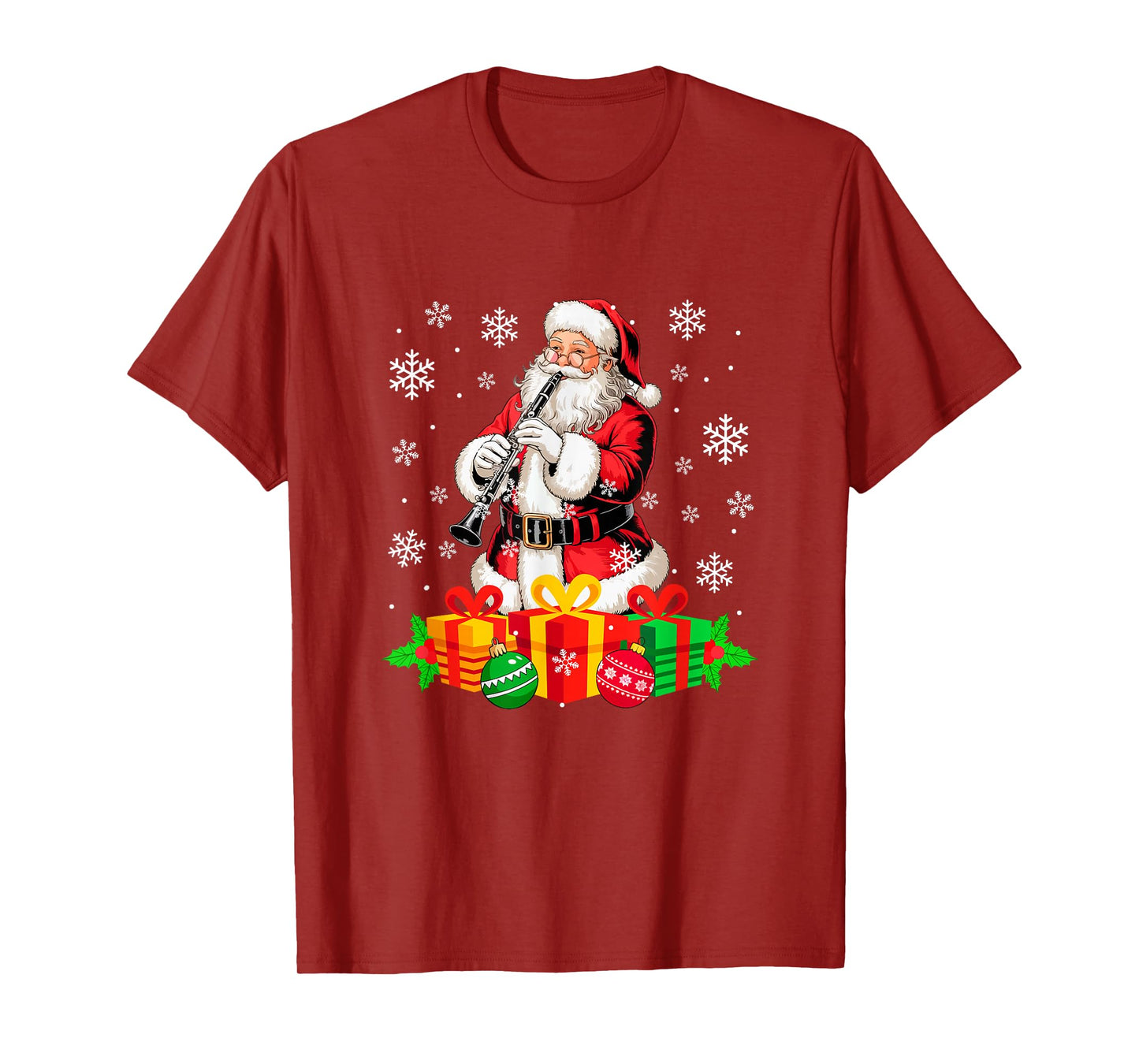 Santa Playing Clarinet Instrument Colorful Christmas Boxes T-Shirt