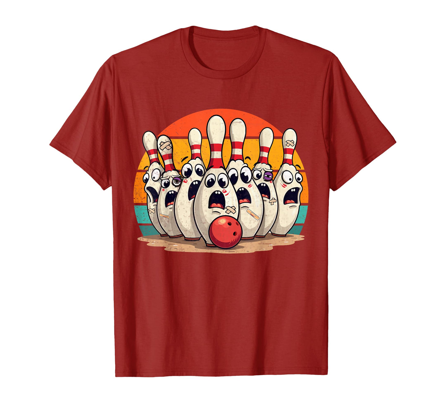 Funny Sport Bowler Scared Bowling Pins Retro Sunset Design T-Shirt