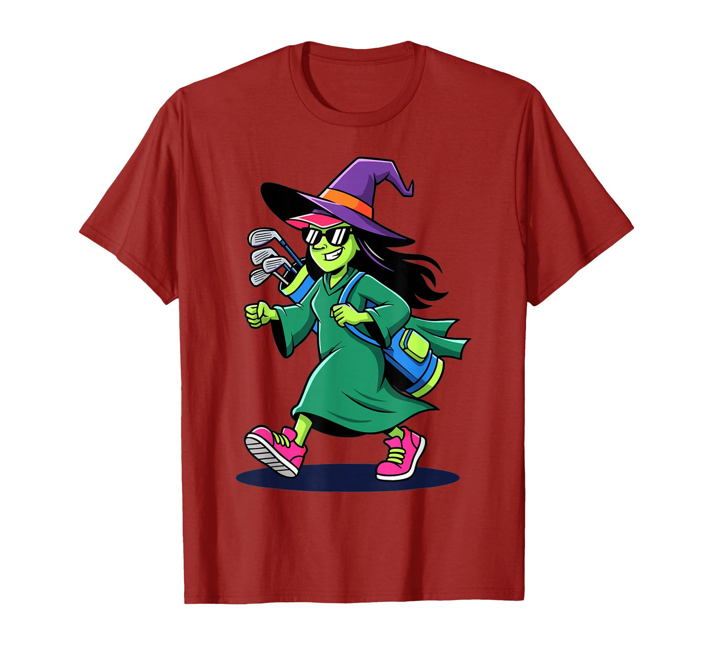 Funny Witch Playing Golf Cartoon Halloween Design T-Shirt