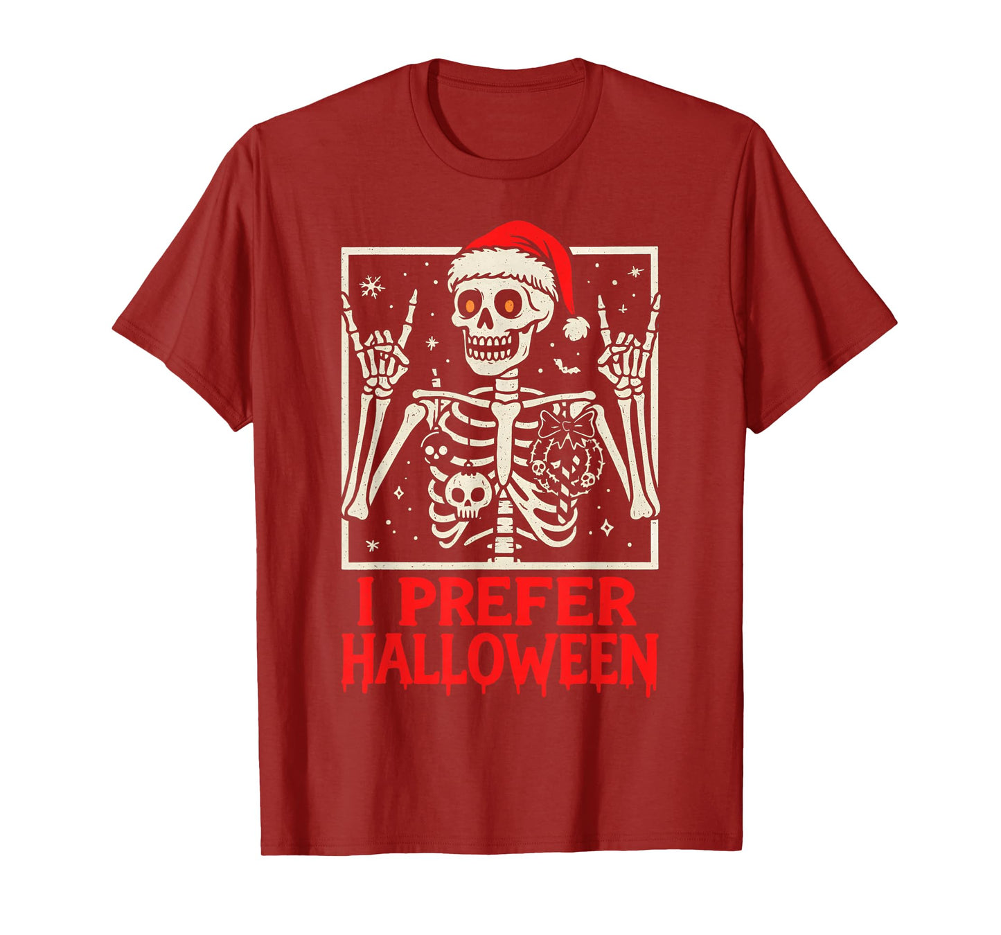 Rock Skeleton Santa Hat Christmas Halloween Lover T-Shirt